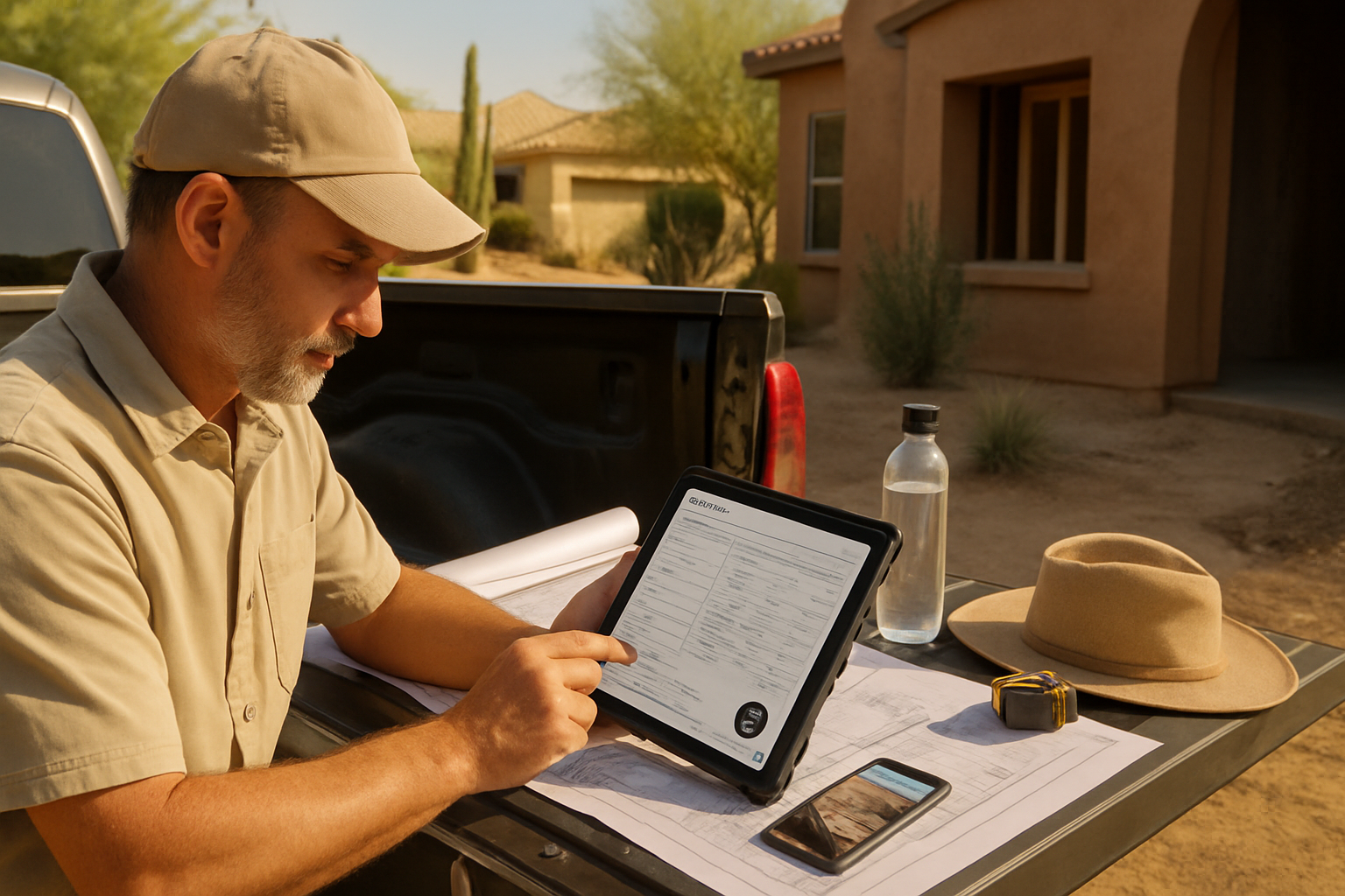 Arizona contractor reviewing a digital estimate on a tablet with plans, job photos, and field notes at a Phoenix-area jobsite