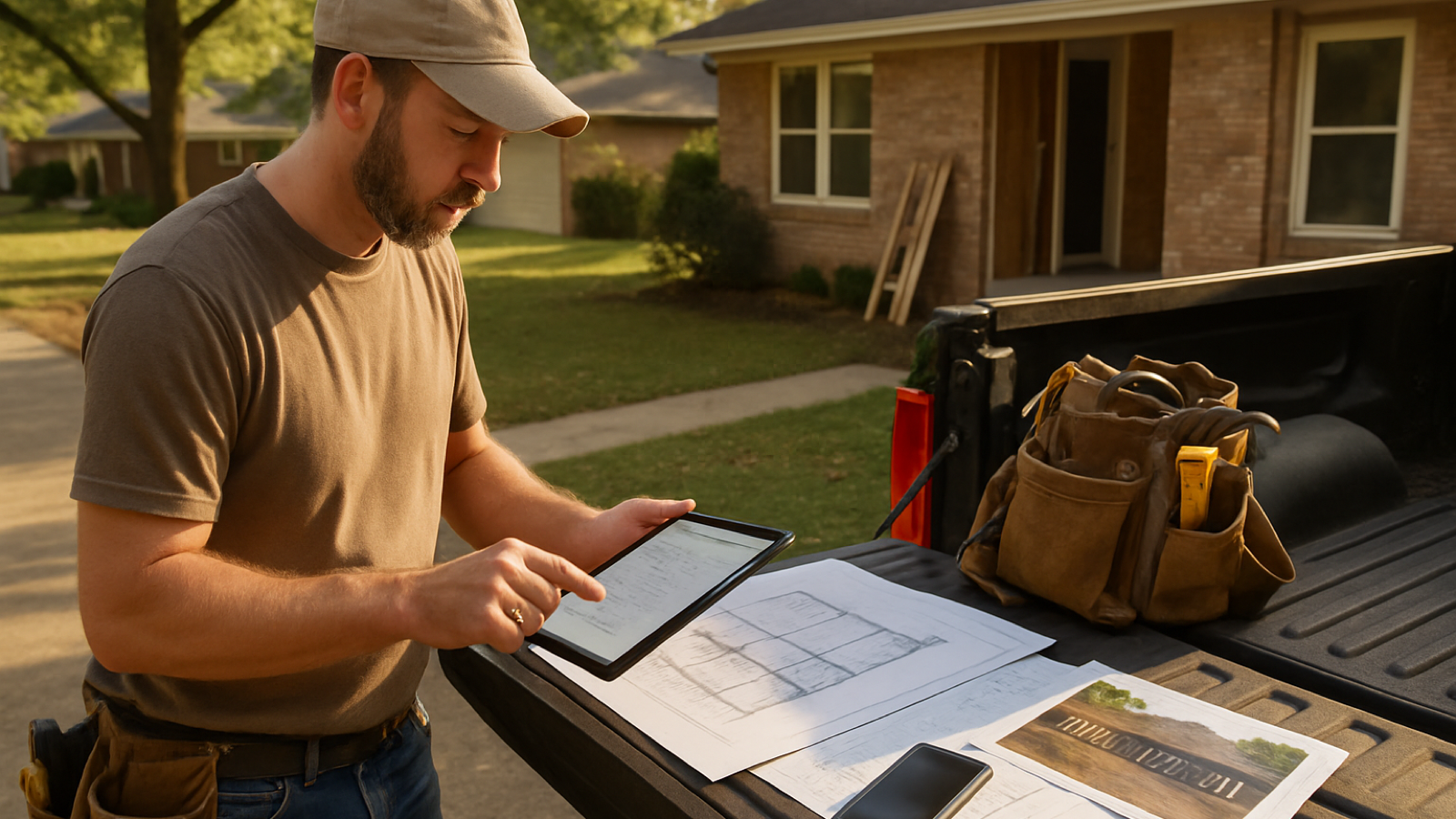Arkansas contractor reviewing an estimate on a tablet beside blueprints and job photos at a residential remodel.