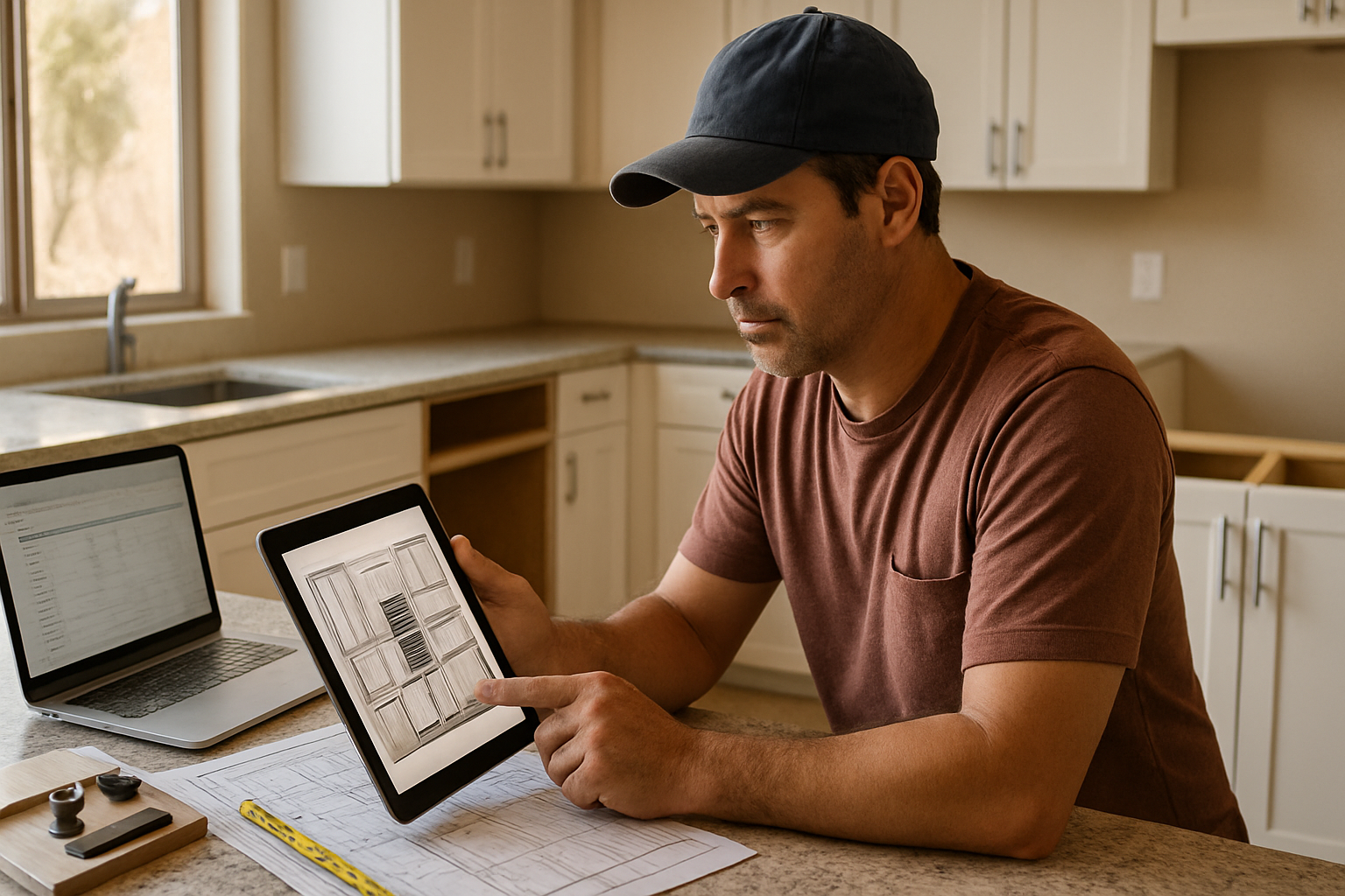 Cabinet contractor reviewing cabinet plans and job photos for an Arizona kitchen estimate