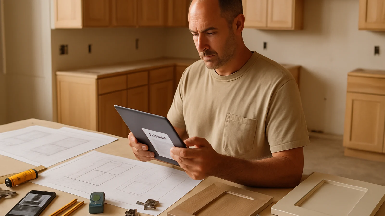 California cabinet contractor reviewing an estimate on a tablet beside cabinet plans, job photos, hardware samples, and measuring tools