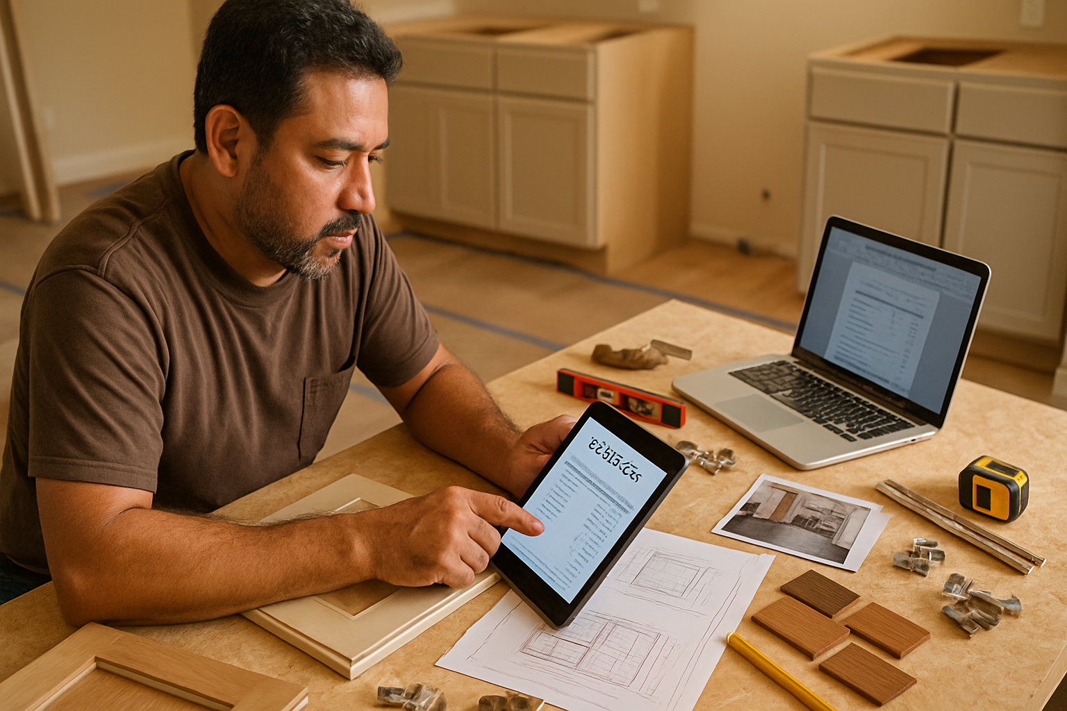 Houston cabinet contractor reviewing an estimate beside cabinet plans, samples, hardware, and job photos