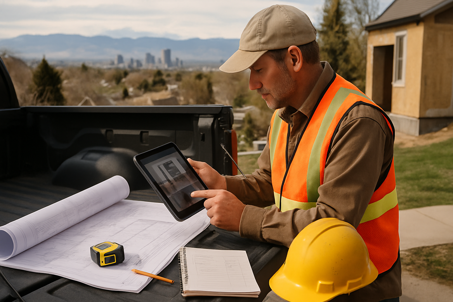 Colorado contractor reviewing blueprints and job photos for an estimate near a Denver remodel site