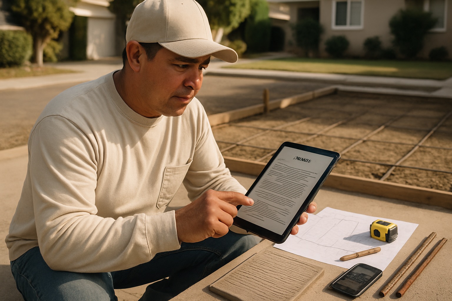 California concrete contractor reviewing an estimate on a tablet beside plans, rebar, form boards, and concrete samples at a Los Angeles jobsite