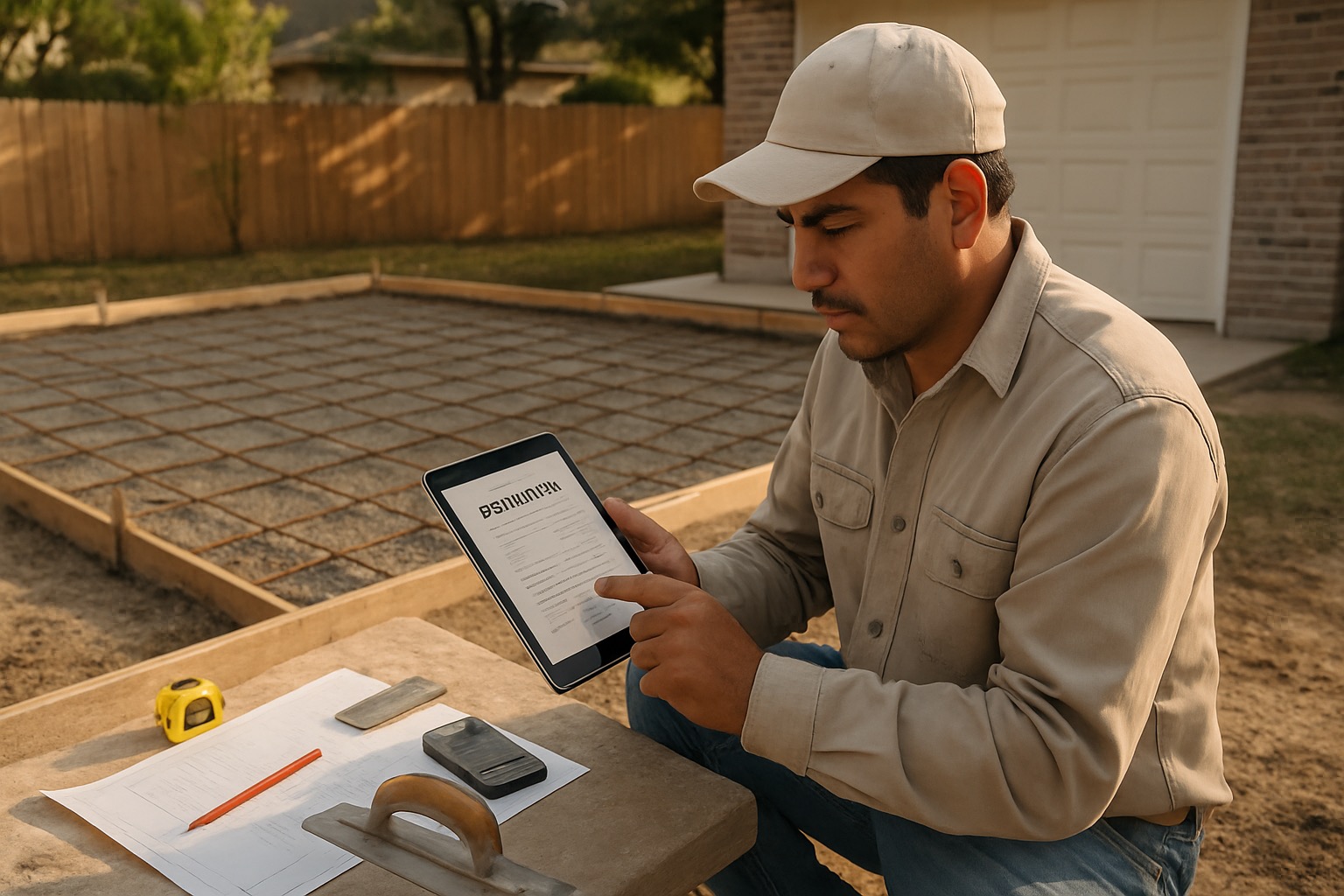 Texas concrete contractor reviewing an estimate on a tablet beside form boards, rebar, compacted base, and plans at a Houston jobsite
