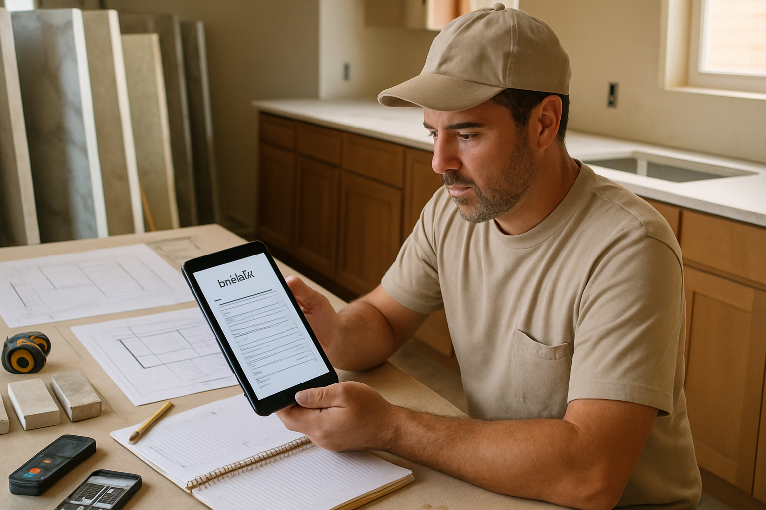 California countertop contractor reviewing an estimate on a tablet beside plans, job photos, templates, and stone slab samples