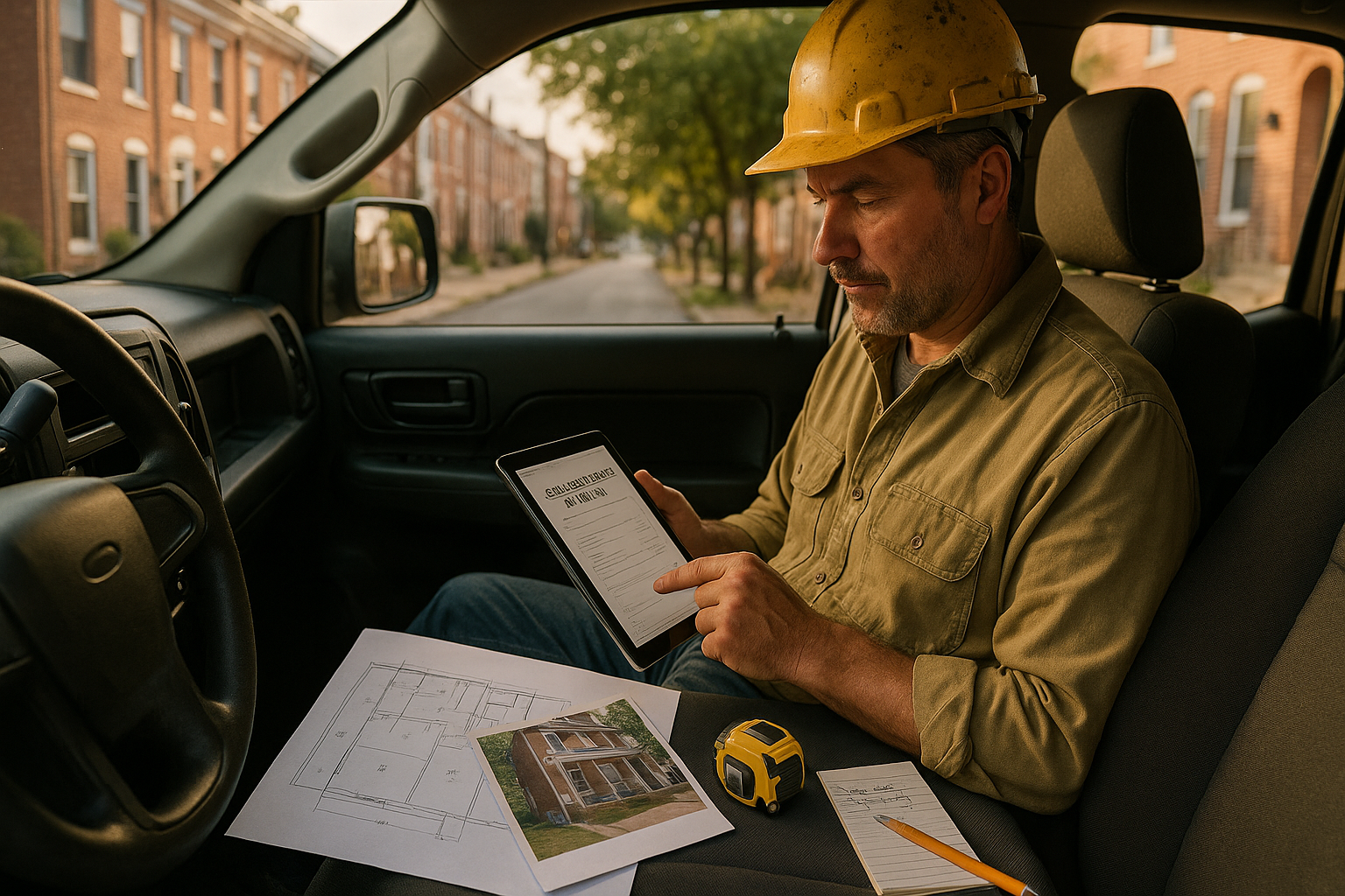 Delaware contractor reviewing an estimate on a tablet with plans and job photos in a work truck