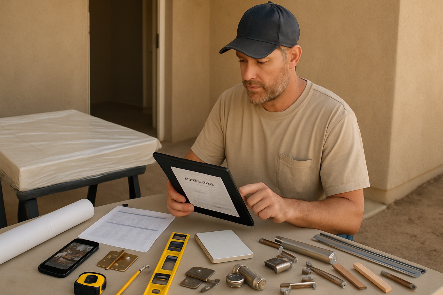 Arizona door contractor reviewing an estimate on a tablet with plans, job photos, hardware samples, threshold, weatherstripping, and door notes at a Phoenix jobsite