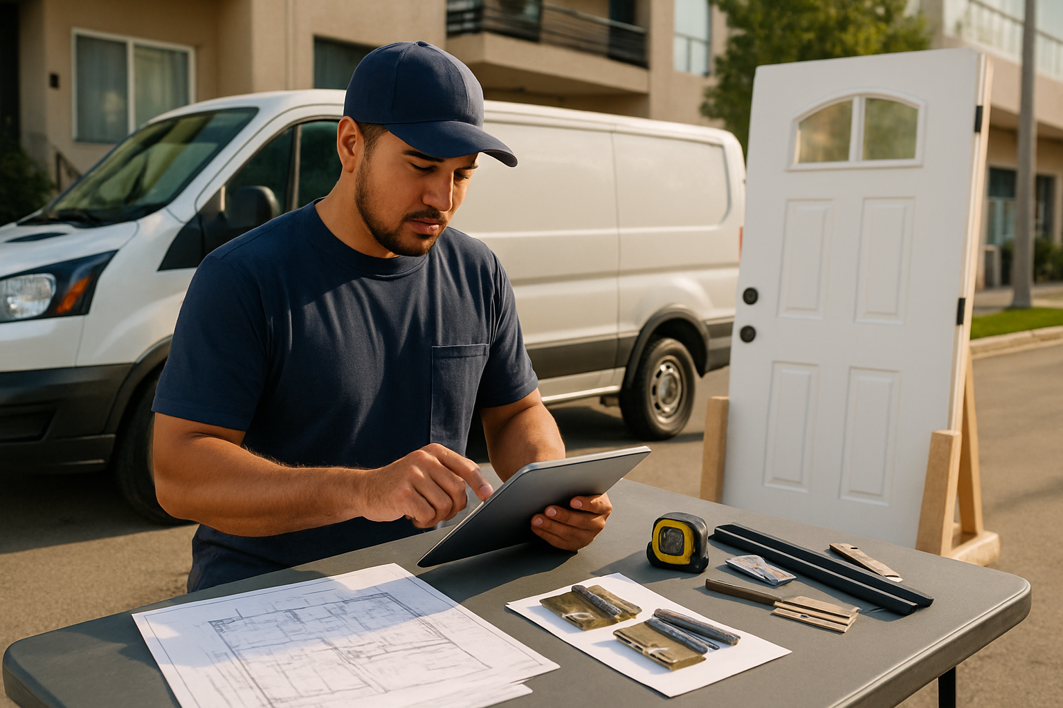 Los Angeles doors contractor reviewing plans and job photos for a door estimate