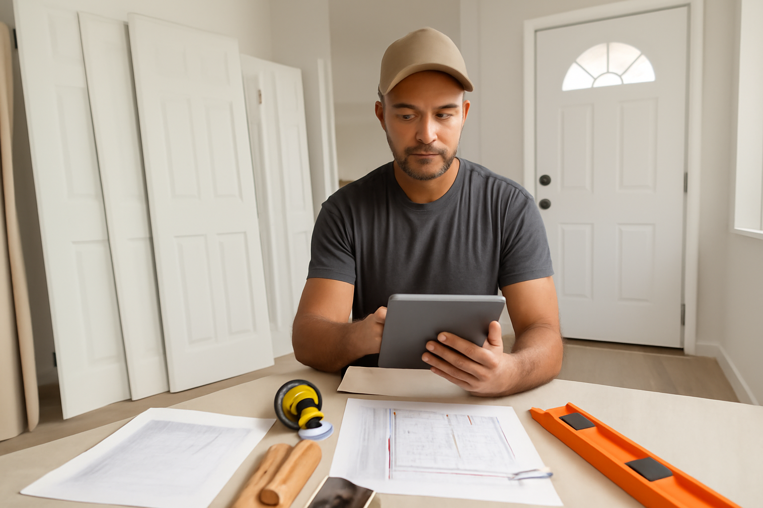 Florida doors contractor reviewing a tablet estimate with door plans, hardware, and measuring tools