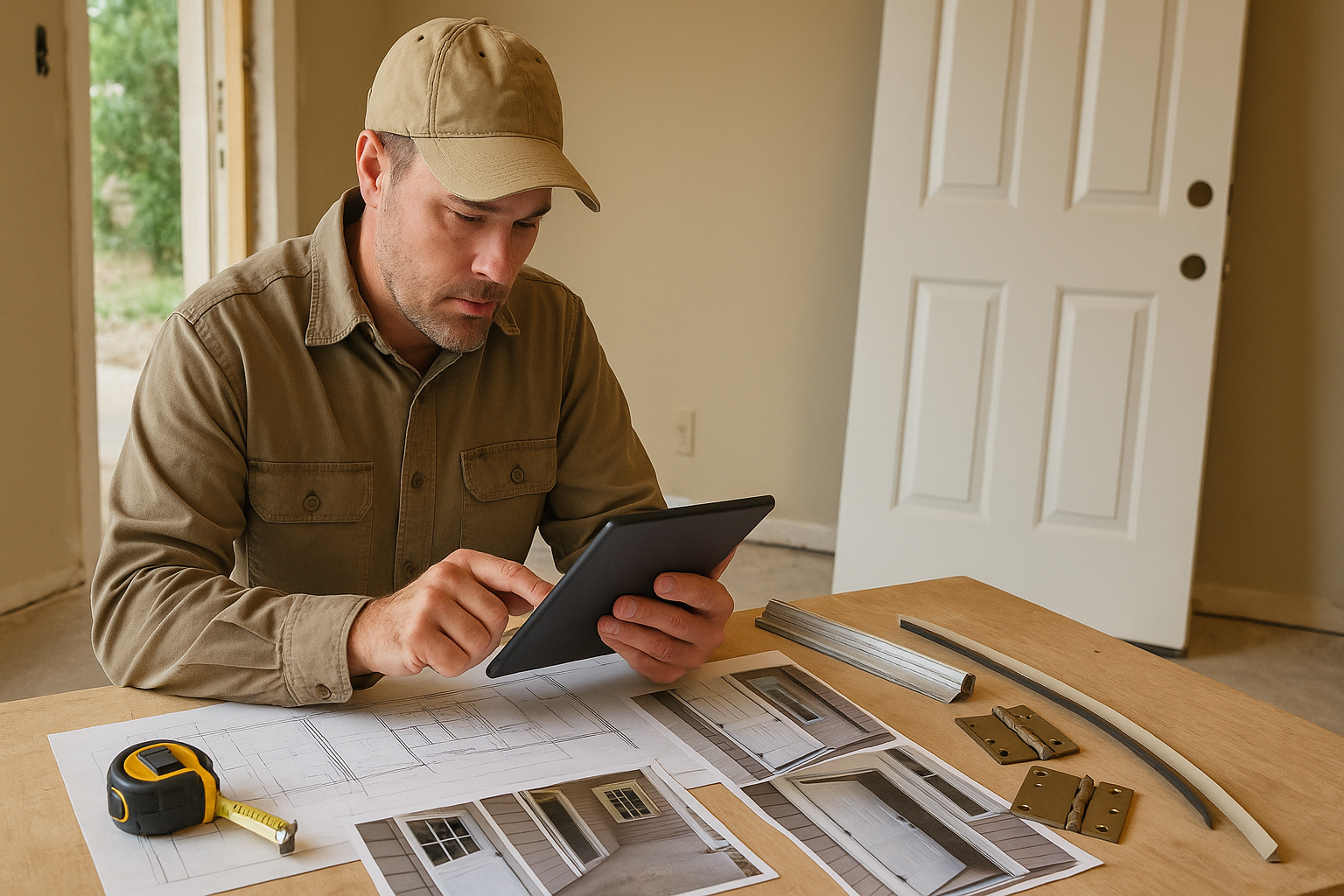 Doors contractor reviewing a door replacement estimate with plans, photos, hardware, and threshold samples on a jobsite table.
