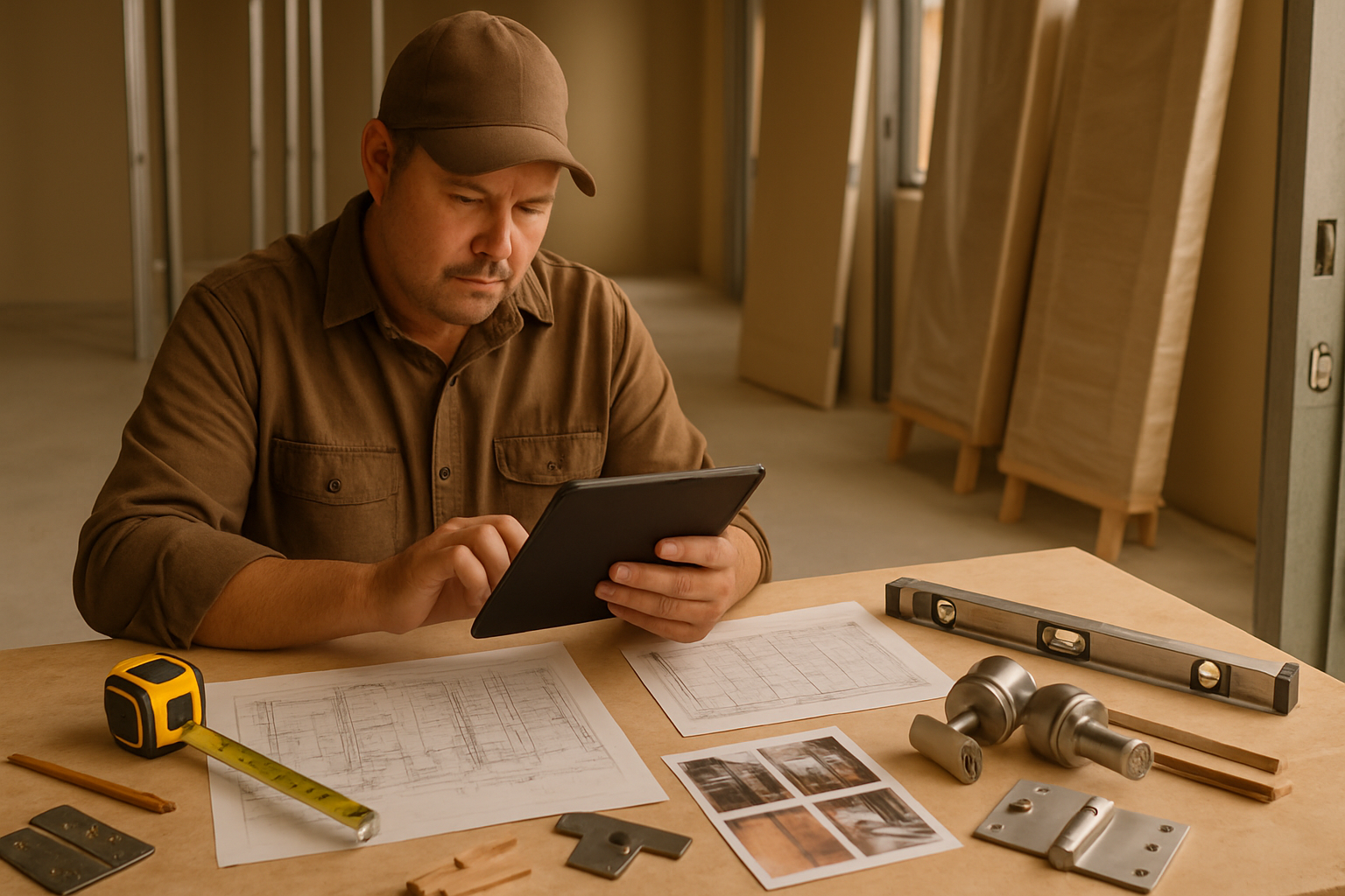 Houston door contractor reviewing a door estimate beside plans, job photos, hardware samples, and a tablet