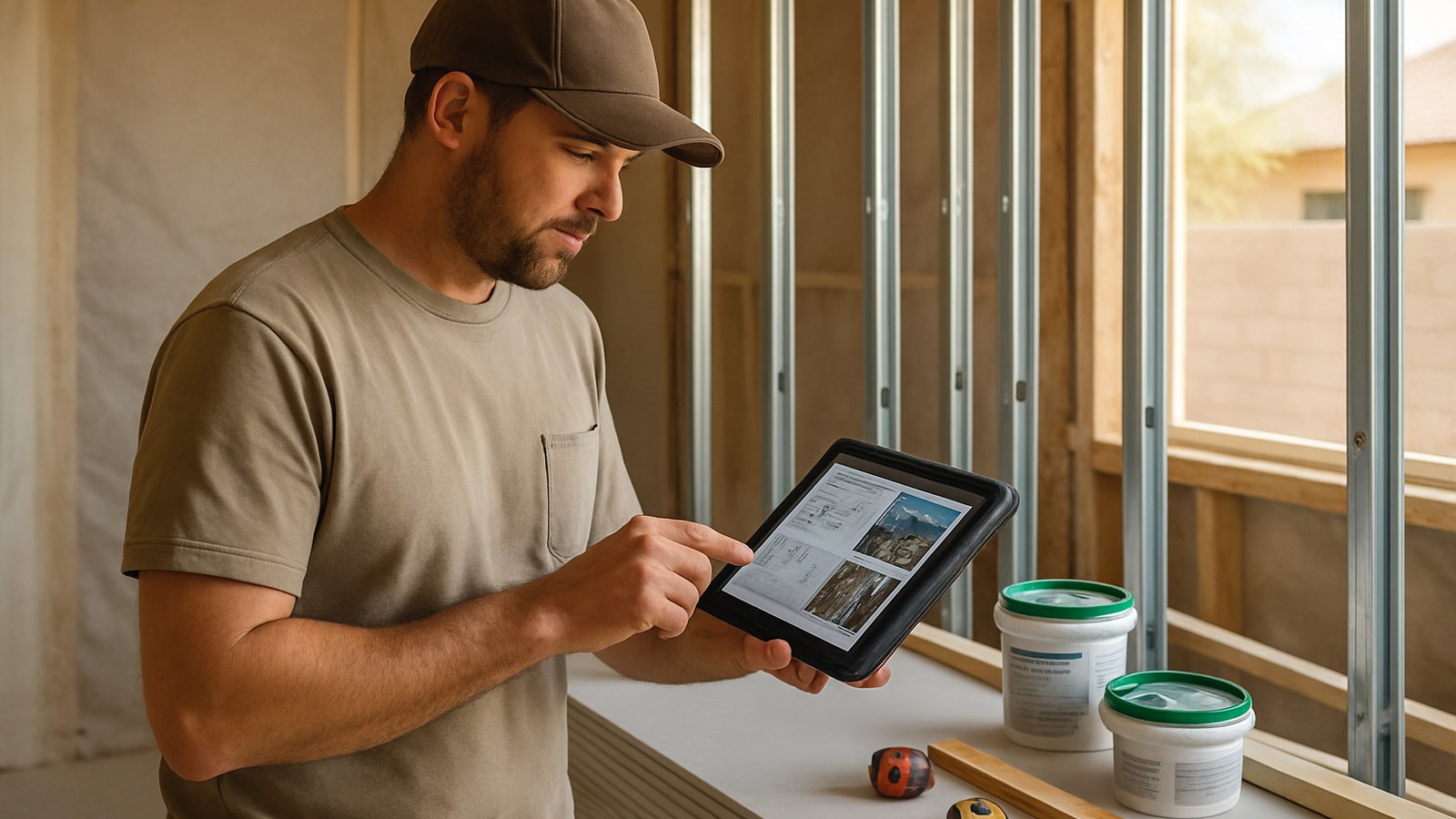 Arizona drywall and framing contractor reviewing plans and job photos on a tablet at a Phoenix remodel.