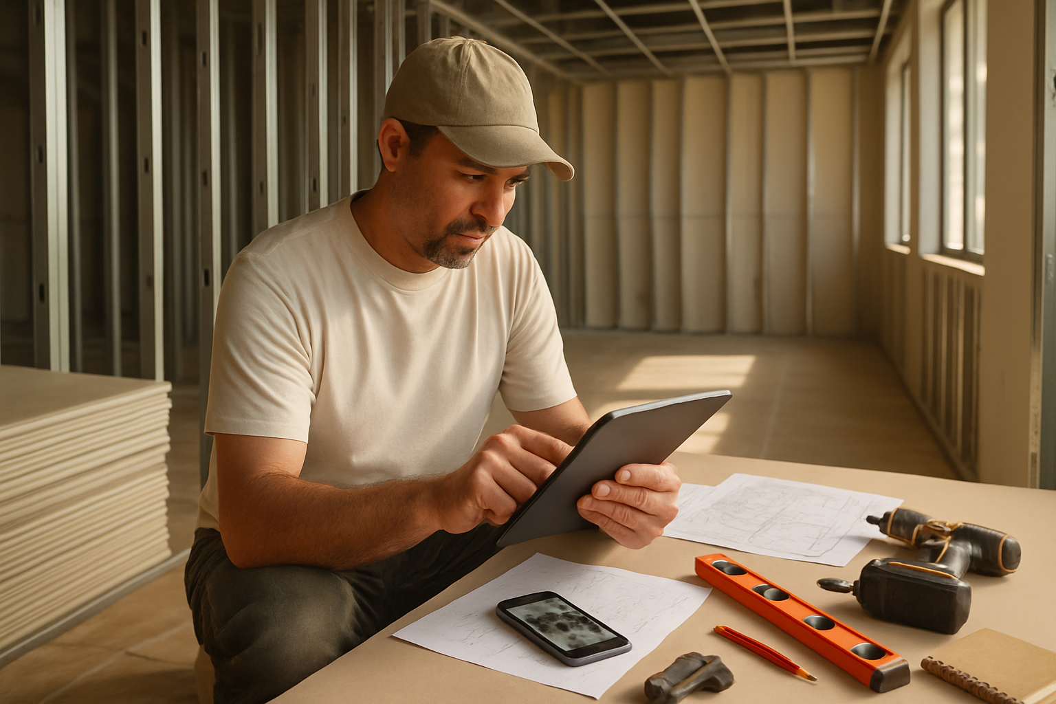 California drywall and framing contractor reviewing an estimate on a tablet beside metal studs, drywall sheets, plans, and job photos