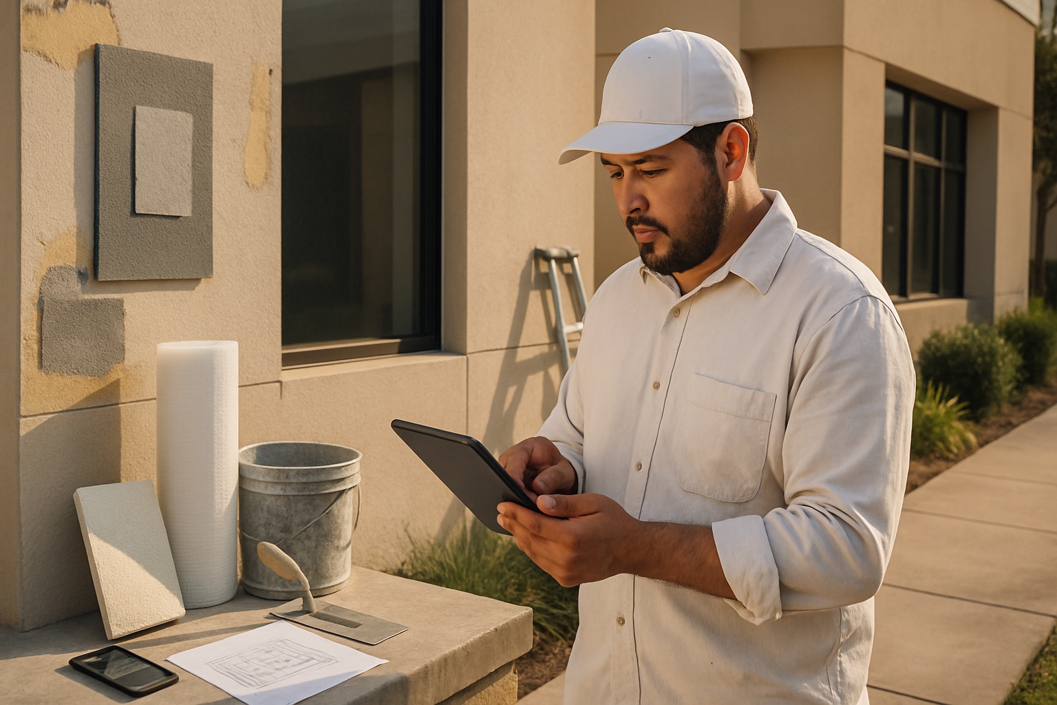 Texas EIFS contractor reviewing an estimate on a tablet beside EIFS repair tools at a Houston building