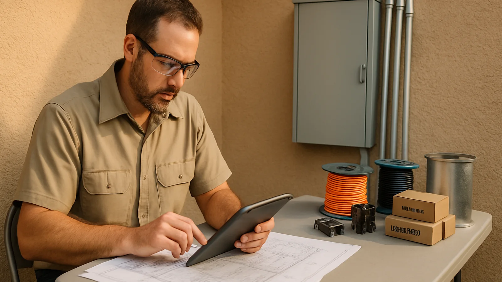 Electrical contractor reviewing an estimate on a tablet beside panel plans and materials in Phoenix