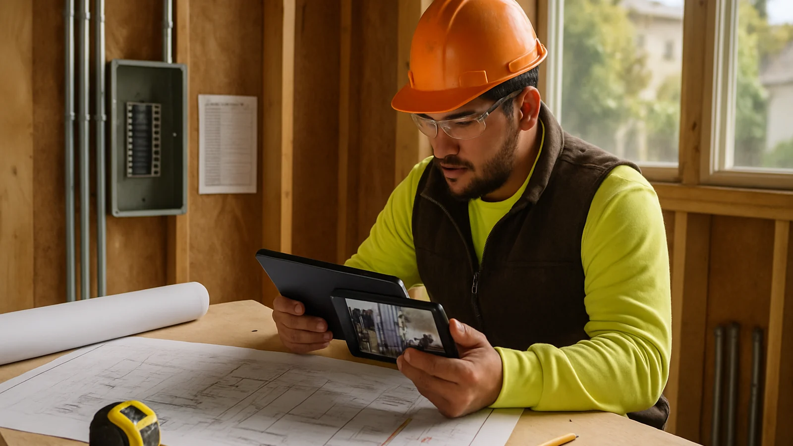 Electrical contractor reviewing blueprints and job photos on a tablet at a Los Angeles renovation site