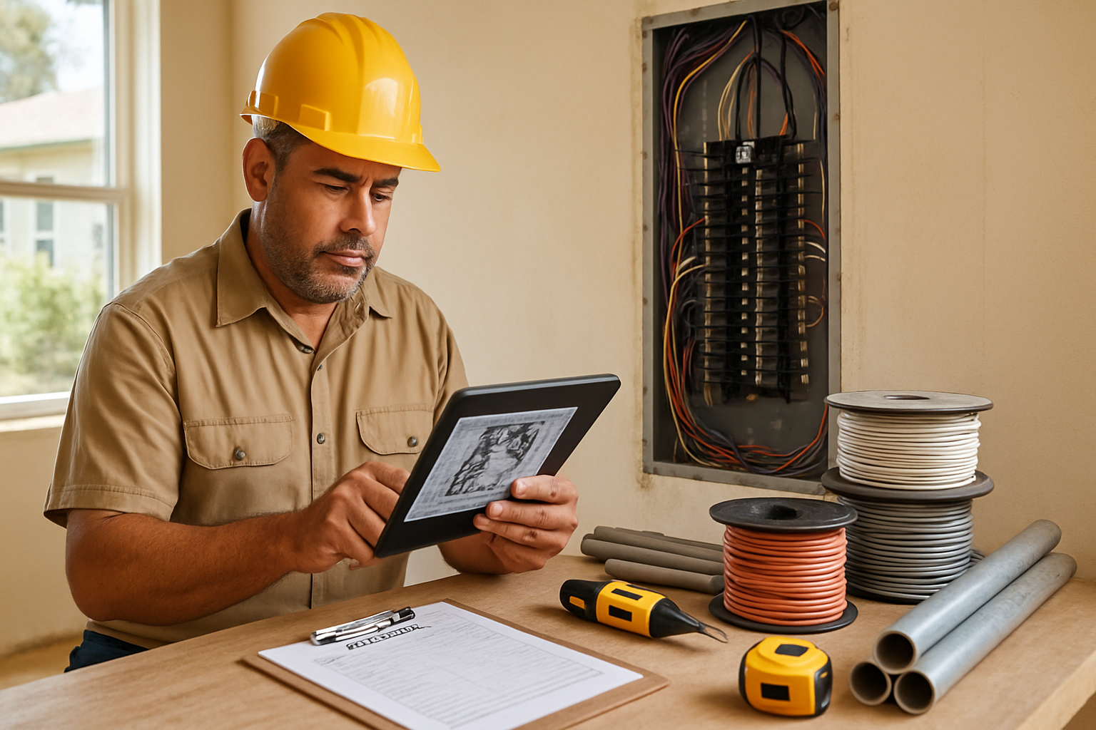 Florida electrical contractor reviewing plans and panel photos while preparing an estimate