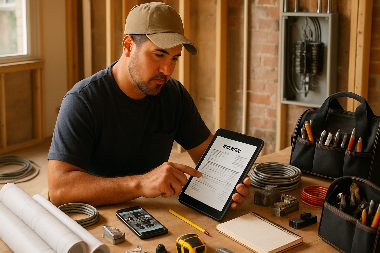 Texas electrical contractor reviewing an estimate on a tablet with plans, job photos, conduit, breakers, outlet boxes, and panel notes at a Houston jobsite
