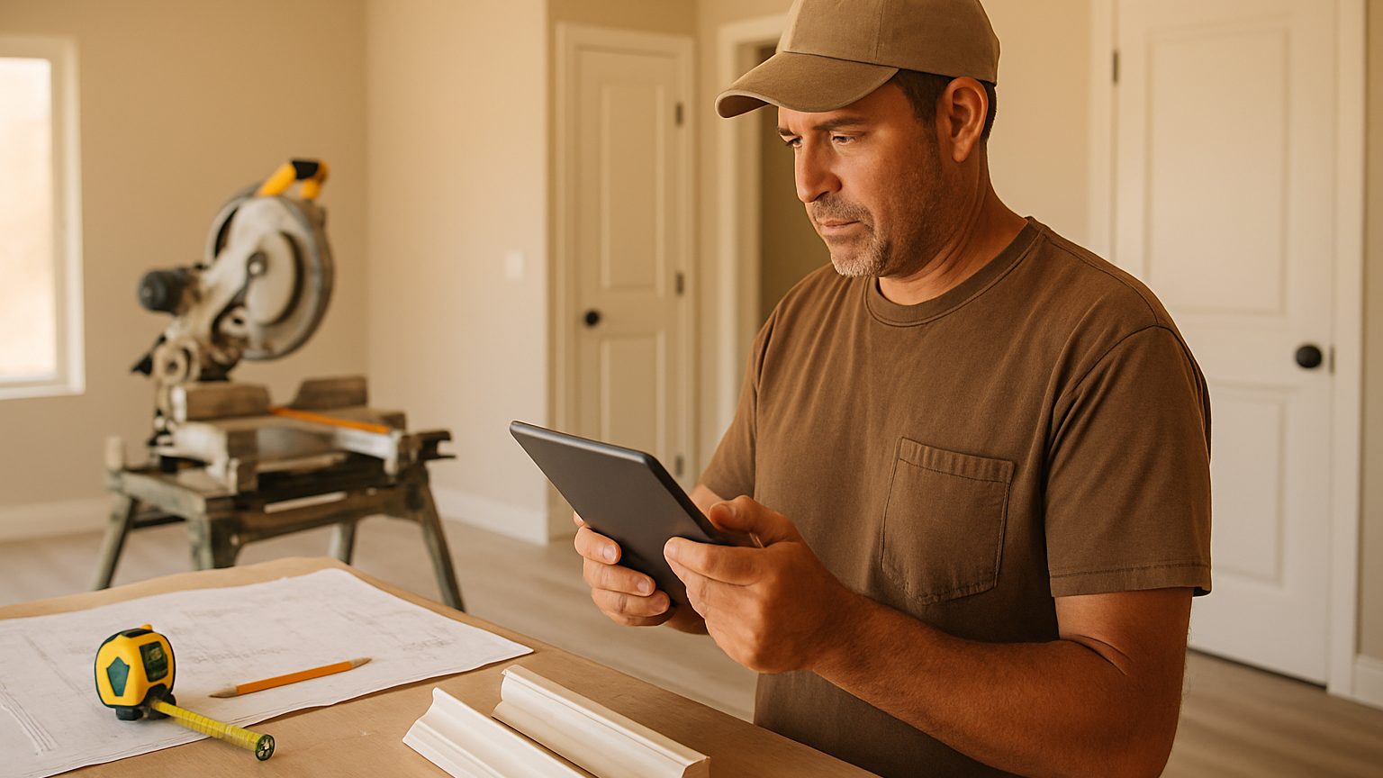 Finished carpentry contractor reviewing a trim and door estimate on a tablet in a Phoenix remodel
