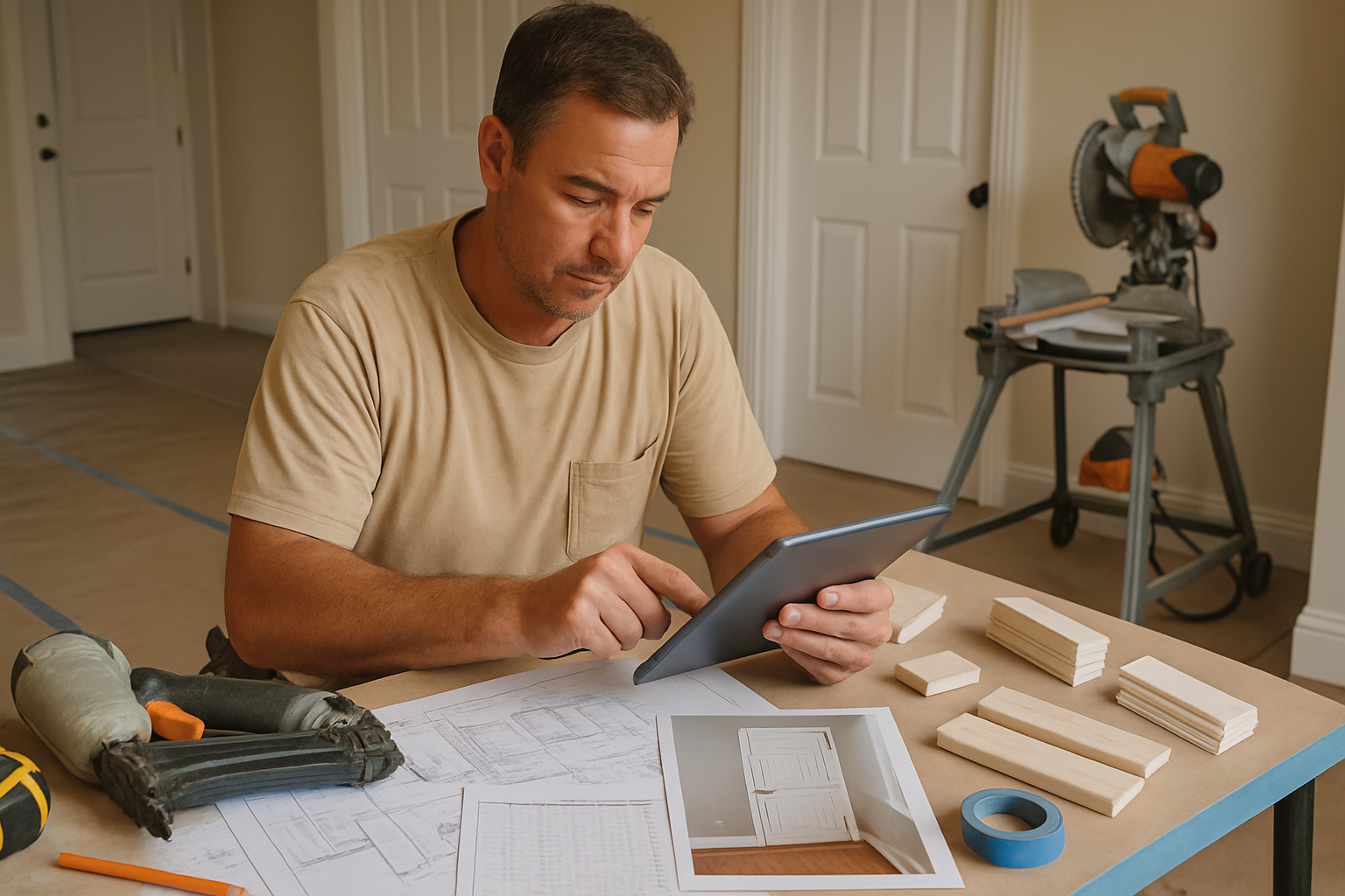 Jacksonville finish carpenter reviewing a trim estimate beside plans, door schedules, job photos, and carpentry tools