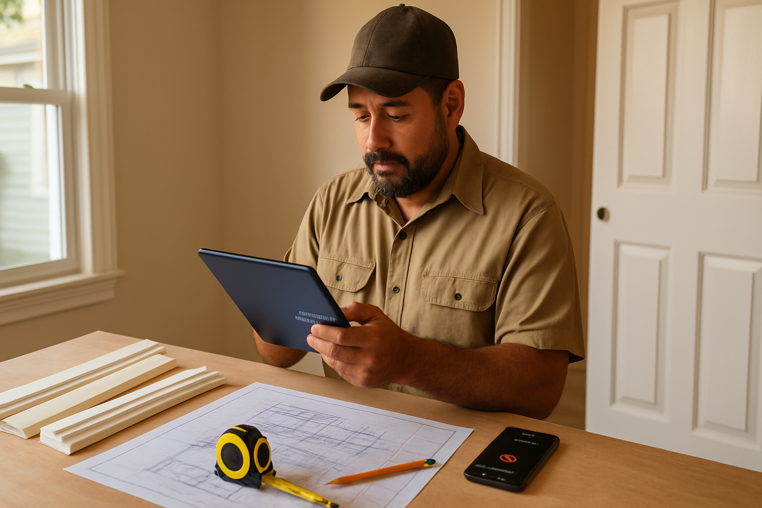 Finished carpentry contractor reviewing trim and millwork estimate details on a tablet at a Houston remodel jobsite