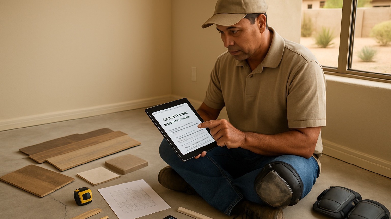 Arizona flooring contractor reviewing an estimate on a tablet beside flooring samples, slab prep notes, plans, and job photos in a Phoenix home renovation
