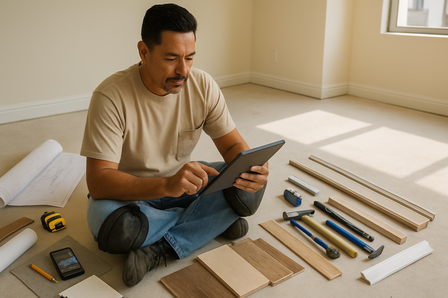 California flooring contractor reviewing an estimate on a tablet with floor plans, job photos, flooring samples, moisture meter, and transition pieces at a Los Angeles jobsite