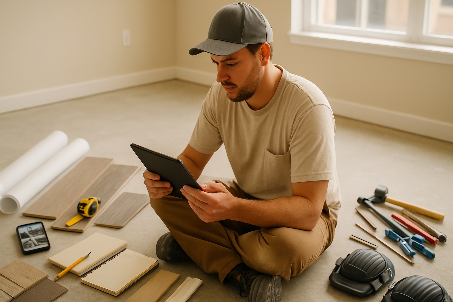 Georgia flooring contractor reviewing an estimate on a tablet with floor plans, job photos, flooring samples, moisture meter, and transition pieces at an Atlanta jobsite