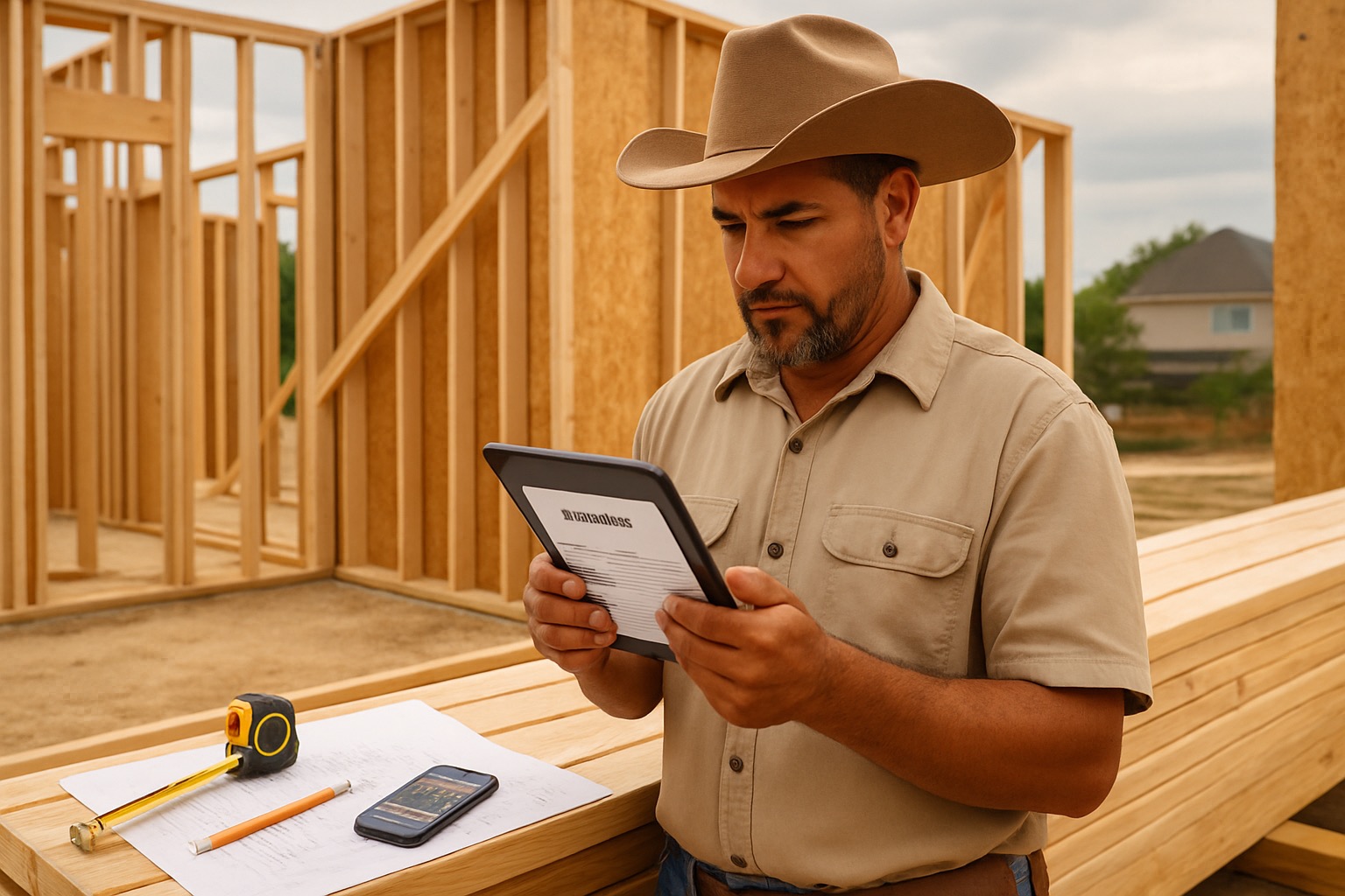 Texas framing contractor reviewing an estimate on a tablet beside framed walls, sheathing panels, hardware, and structural plans in Houston