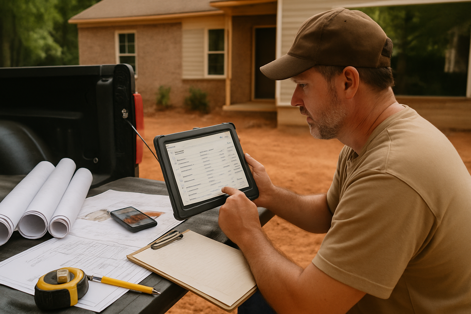 Georgia contractor reviewing a digital estimate on a tablet with plans, job photos, and field notes at an Atlanta-area jobsite