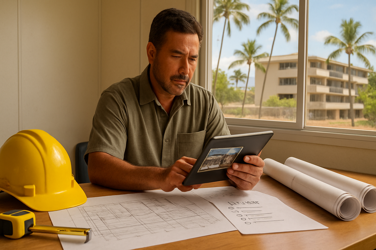 Hawaii contractor reviewing blueprints, job photos, and an estimate checklist in a Honolulu jobsite trailer