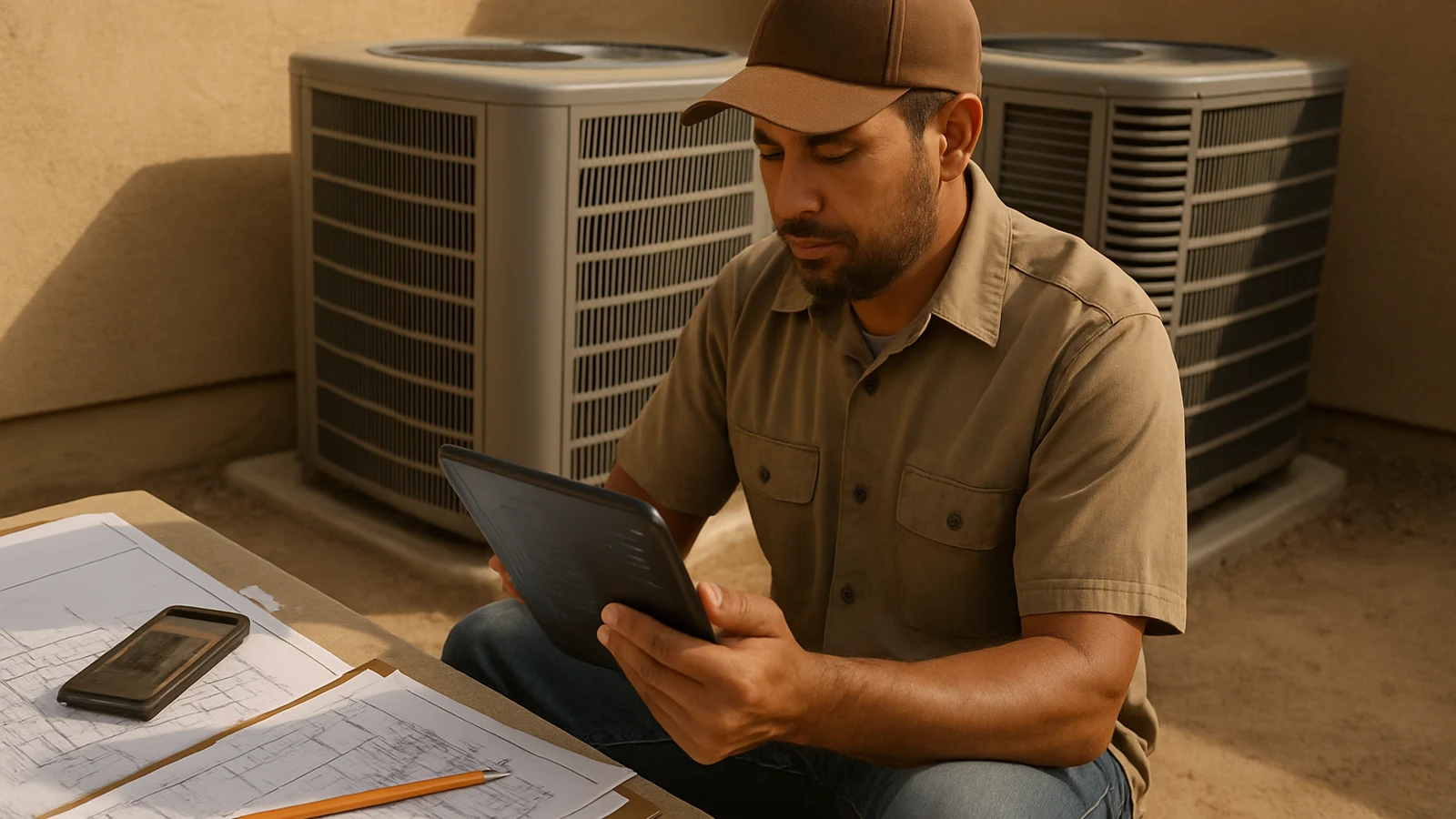 HVAC contractor in Phoenix reviewing an estimate beside condenser units and plan sheets