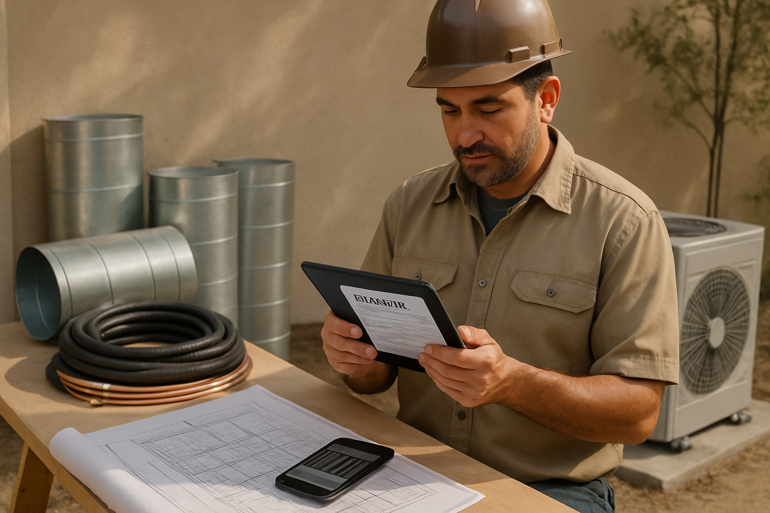 HVAC contractor reviewing an estimate on a tablet beside ductwork and a heat pump condenser.