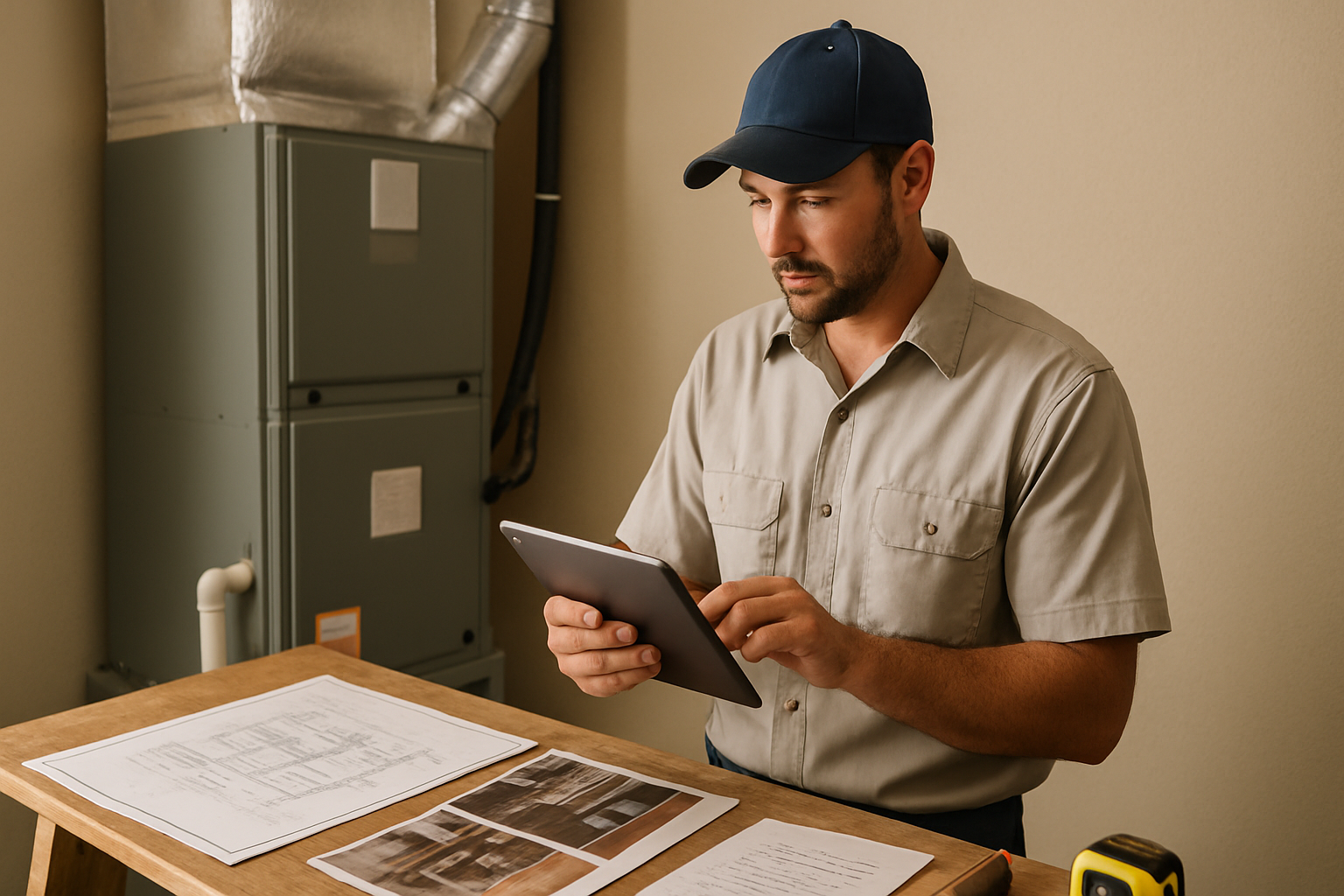 Florida HVAC contractor reviewing an estimate beside air handler plans and job photos