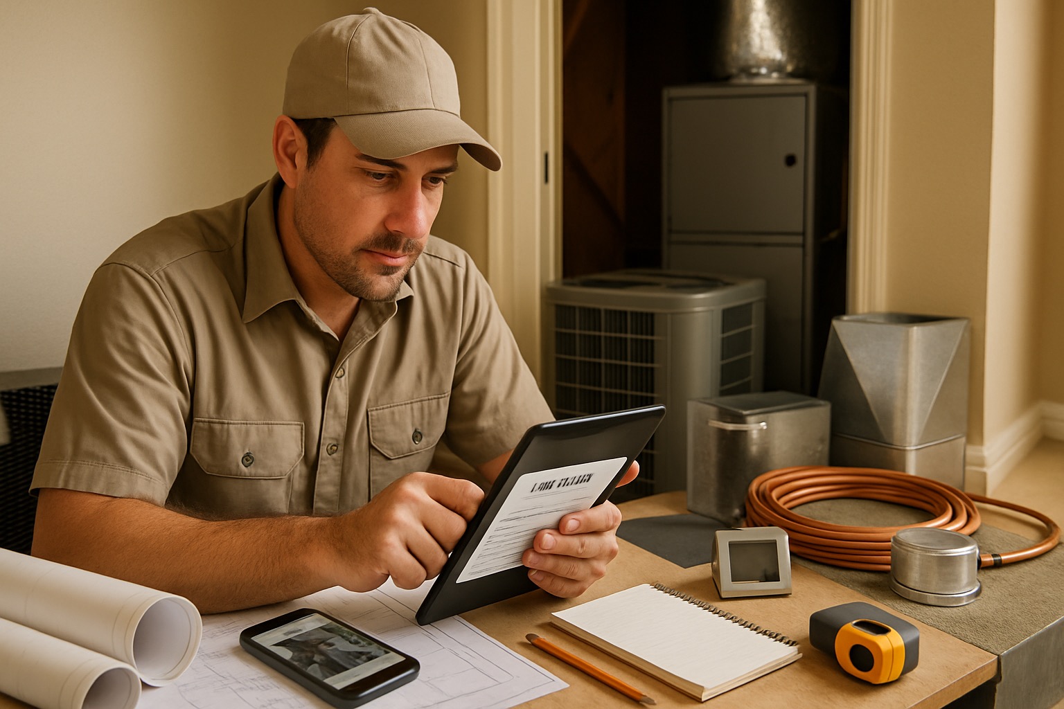 Texas HVAC contractor reviewing an estimate on a tablet with plans, job photos, duct materials, refrigerant line set, and mechanical equipment at a Houston jobsite