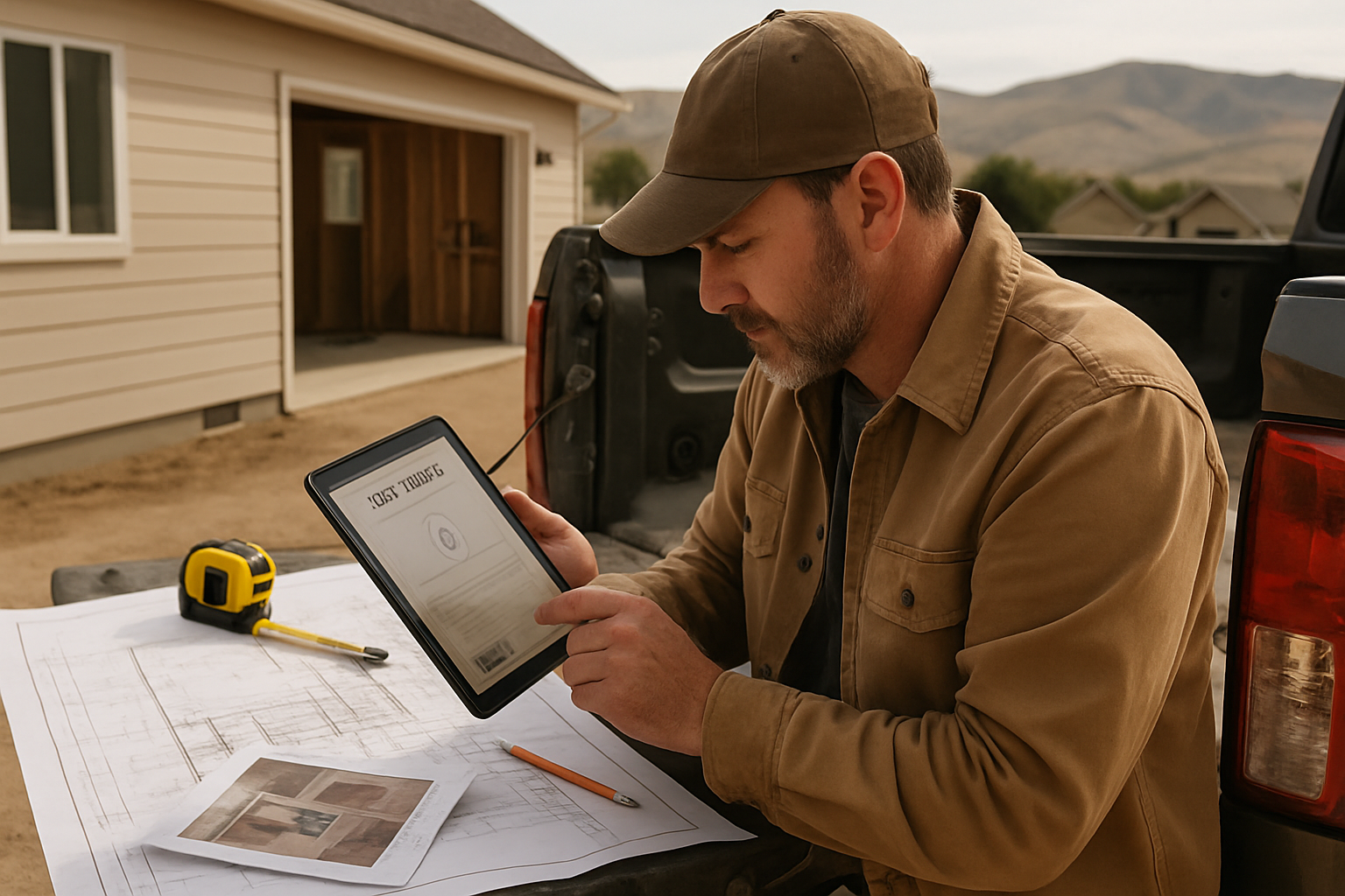 Idaho contractor reviewing a digital estimate beside blueprints and job photos at a Boise remodel jobsite