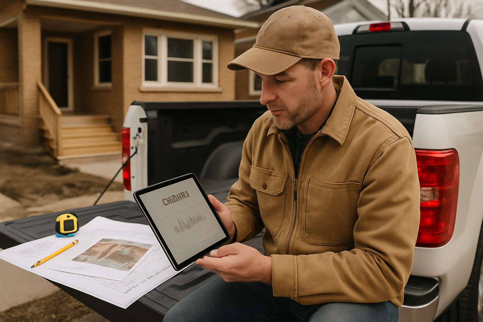 Illinois contractor reviewing a digital estimate beside blueprints and job photos at a Chicago remodel jobsite