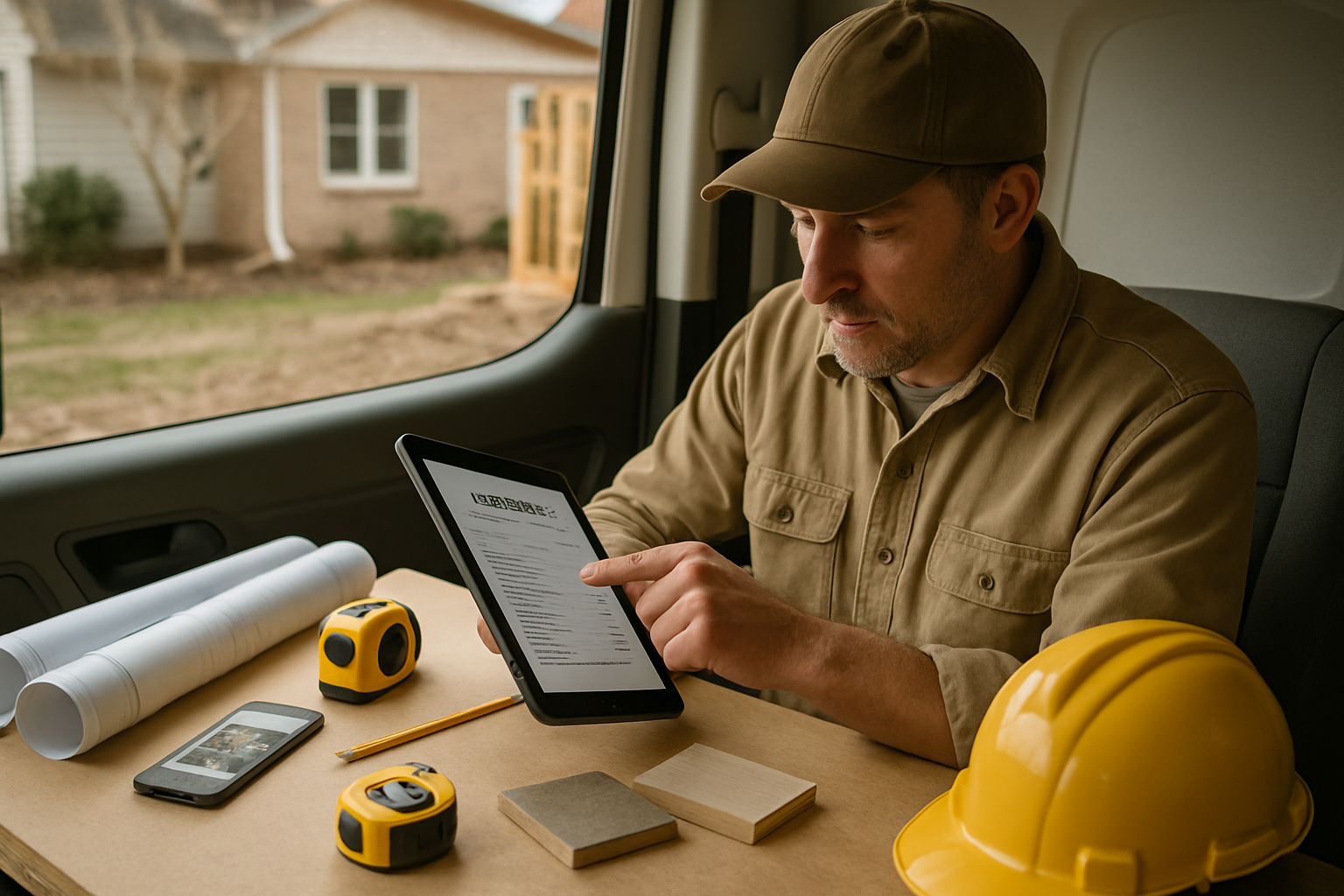 Indiana contractor reviewing blueprints, job photos, and an estimate on a tablet