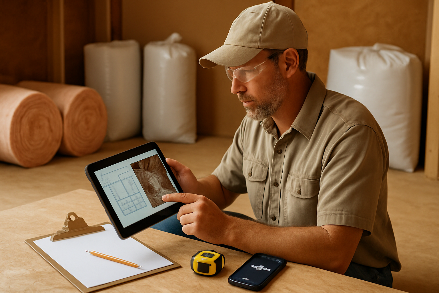 Arizona insulation contractor reviewing job photos and blueprints while preparing an estimate
