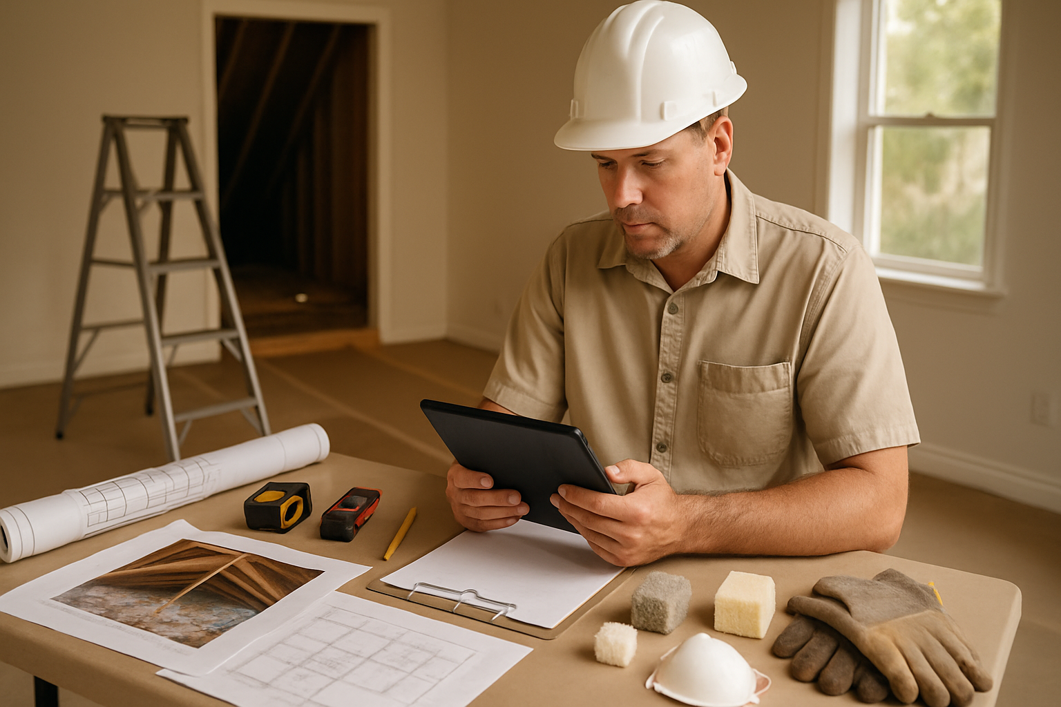 Jacksonville insulation contractor reviewing an estimate beside blueprints, attic photos, measuring tools, and insulation samples