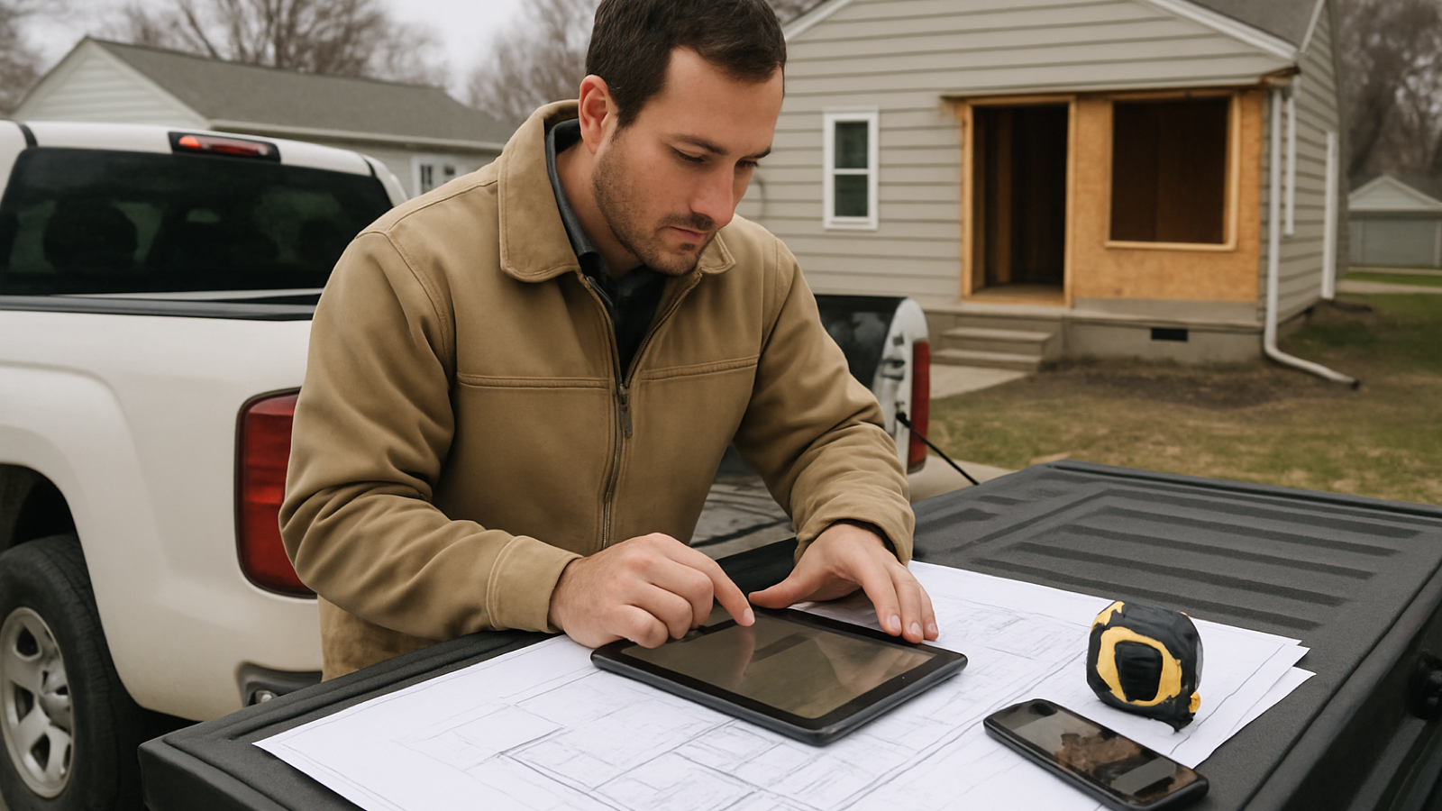 Iowa contractor reviewing an estimate on a tablet beside blueprints and job photos at a residential remodel.