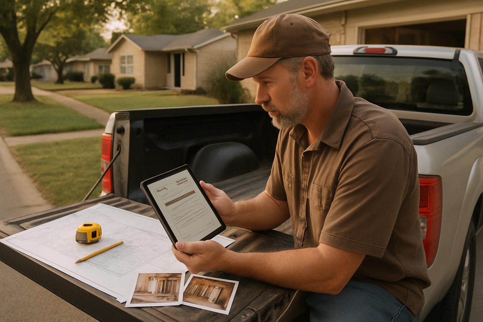 Kansas contractor reviewing a digital estimate beside blueprints and job photos at a remodel jobsite