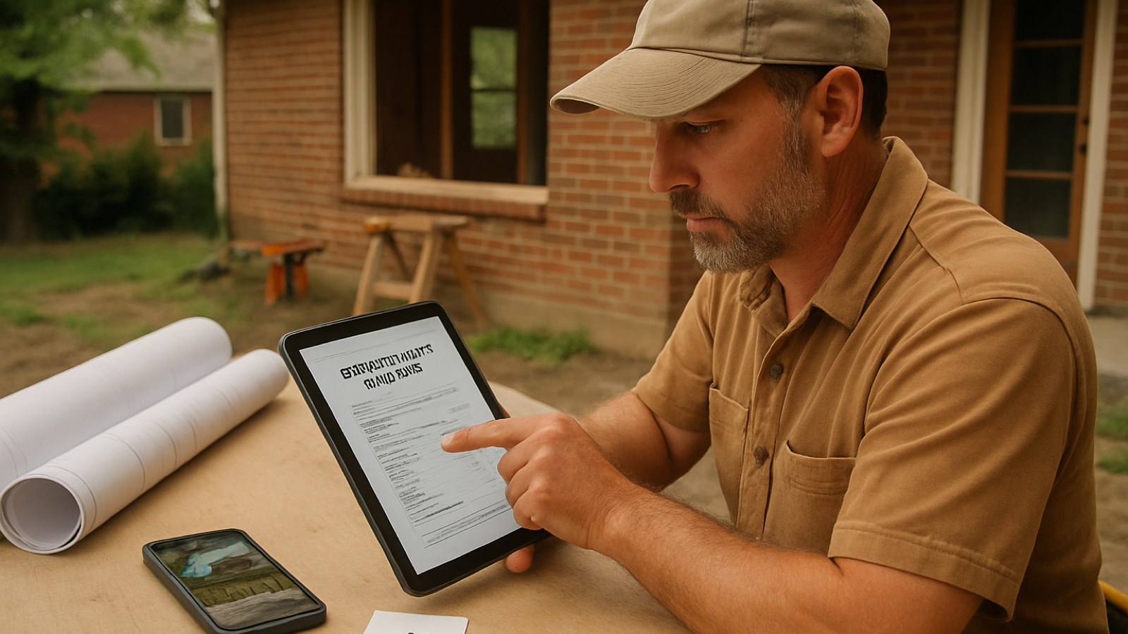 Kentucky contractor reviewing an estimate on a tablet with blueprints and job photos nearby