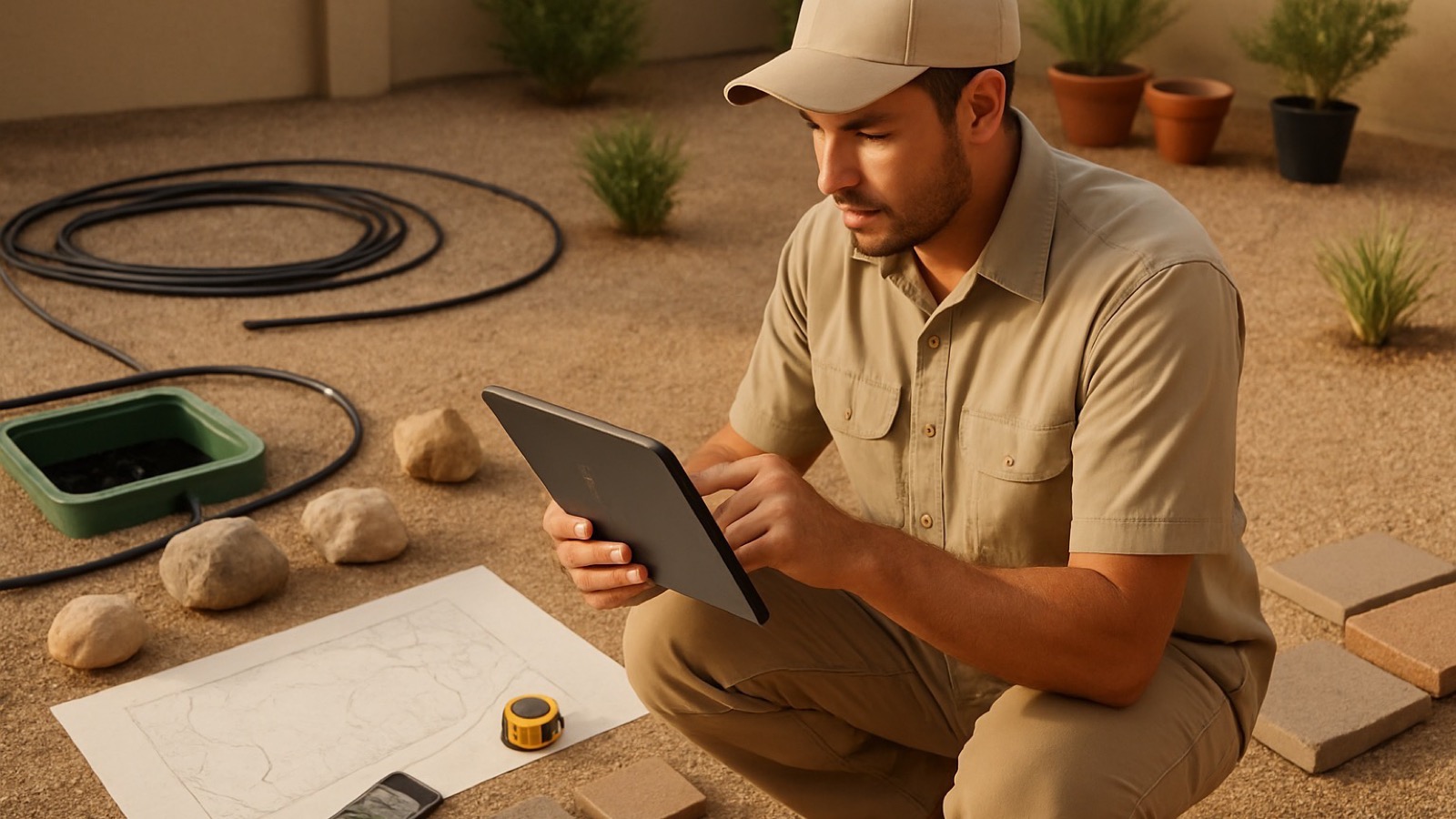 Arizona landscaping contractor reviewing an estimate on a tablet beside irrigation tubing, rock samples, plants, pavers, and job photos in a Phoenix yard