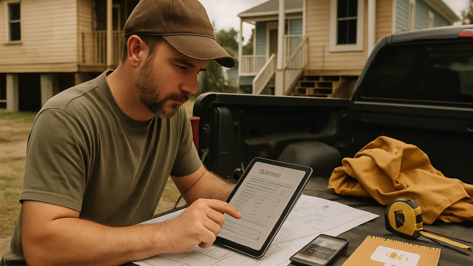 Louisiana contractor reviewing an estimate on a tablet beside blueprints and jobsite photos