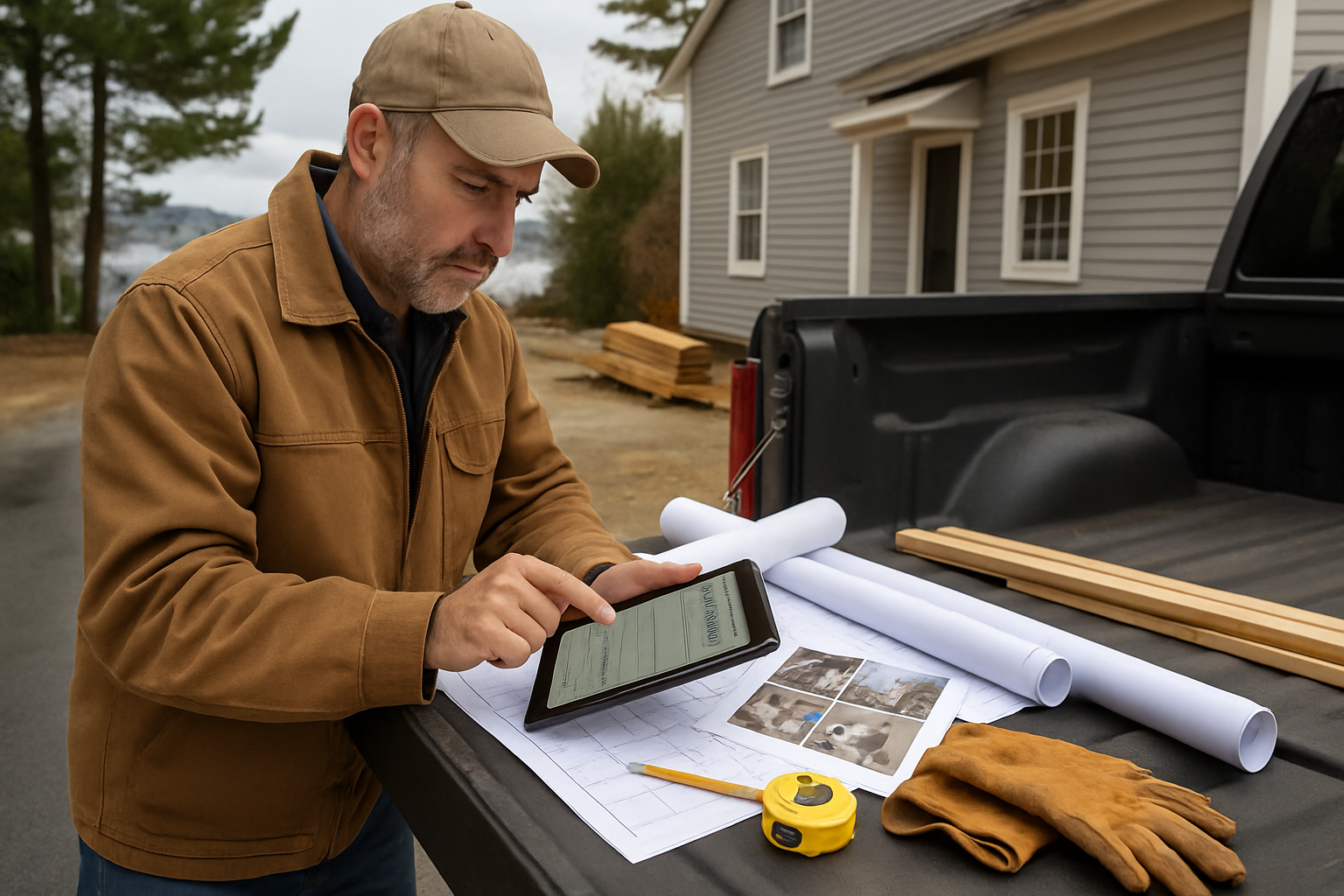 Maine contractor reviewing an estimate on a tablet beside blueprints and job photos
