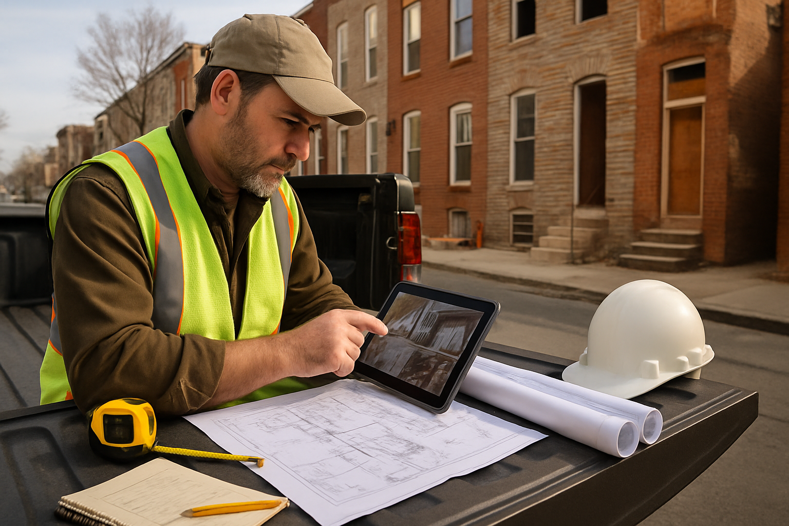 Maryland contractor reviewing blueprints and job photos for a Baltimore estimate