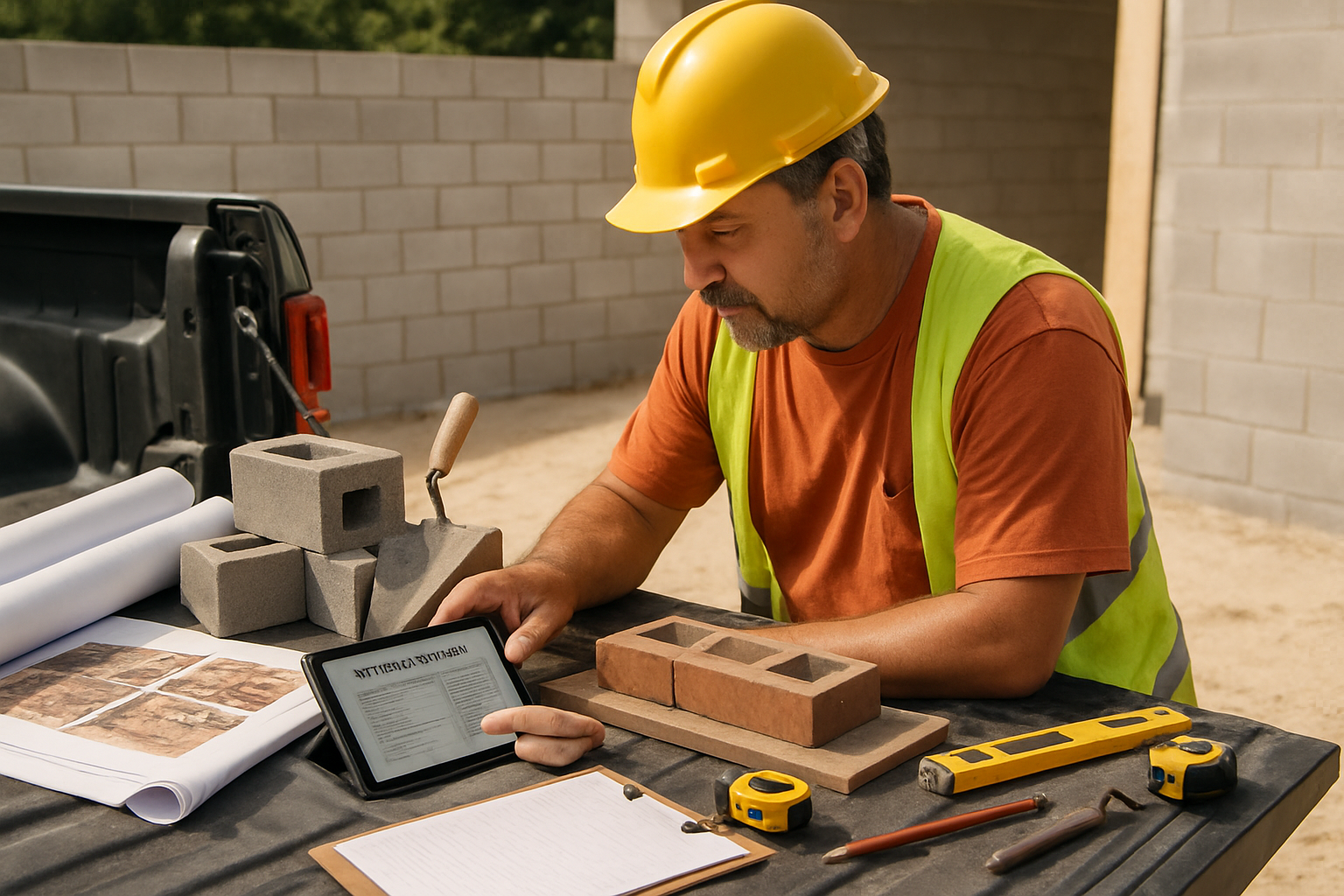 Florida masonry contractor reviewing an estimate on a tablet beside block wall plans, CMU, mortar tools, and job photos