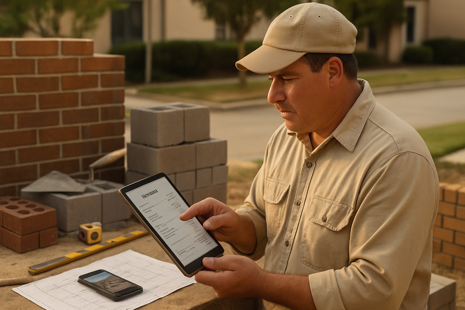Texas masonry contractor reviewing an estimate on a tablet beside brick, block, mortar tools, plans, and job photos at a Houston jobsite
