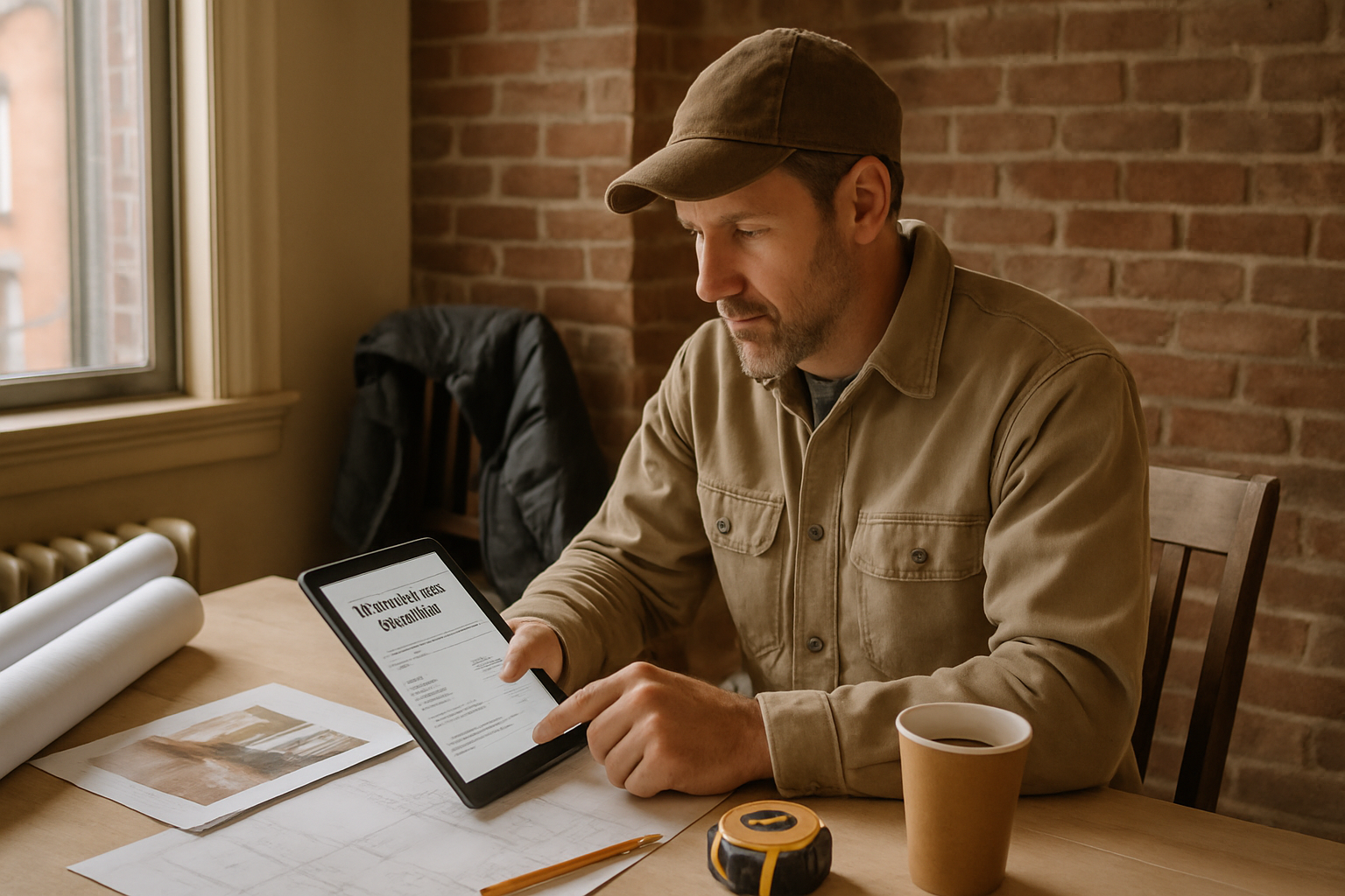 Massachusetts contractor reviewing an estimate on a tablet beside blueprints and job photos